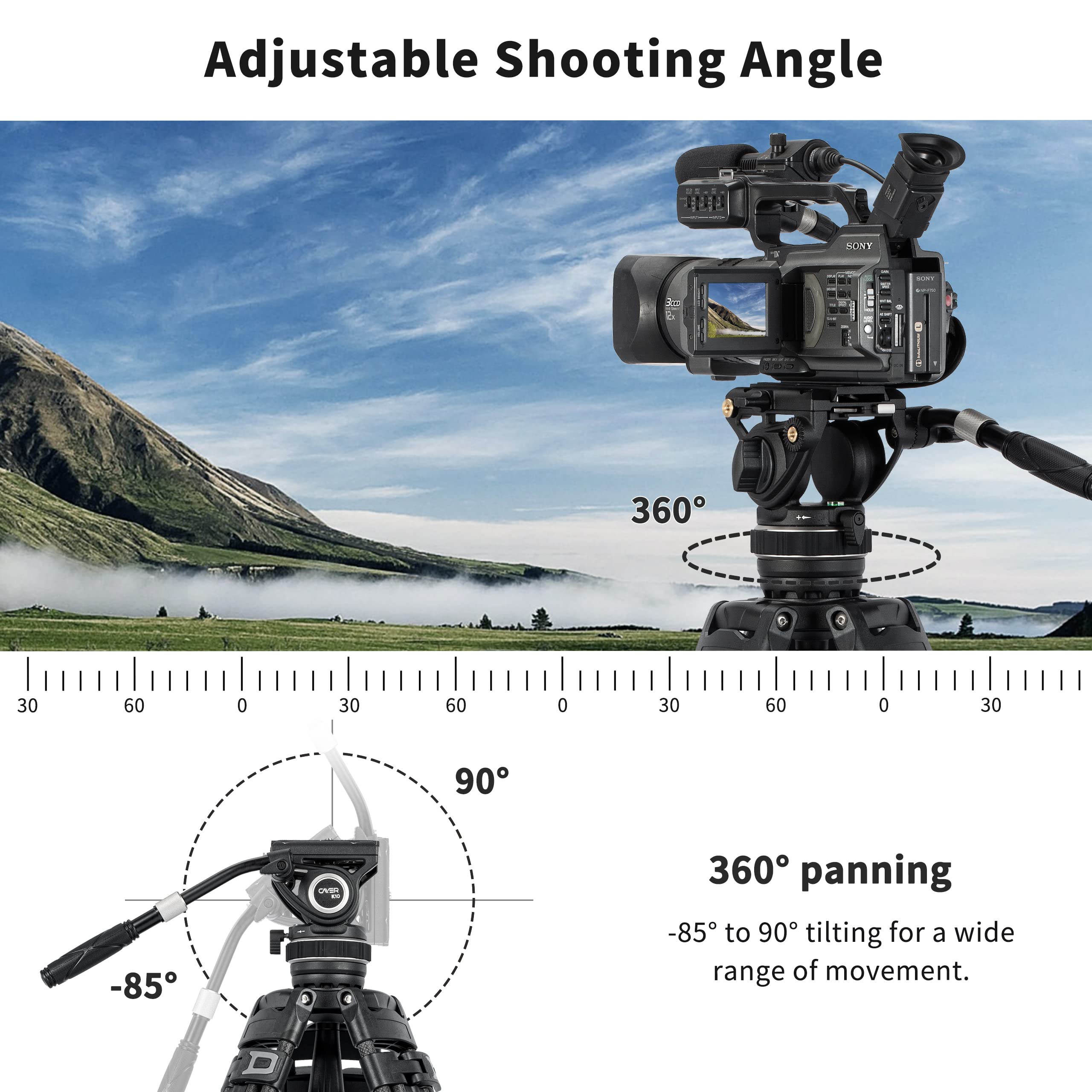 Cayer K10 Pro Video Fluid Head With 75Mm Flat Base, Adjustable Pan Drag And Telescopic Handle, Heavy Duty Tripod Fluid Head For