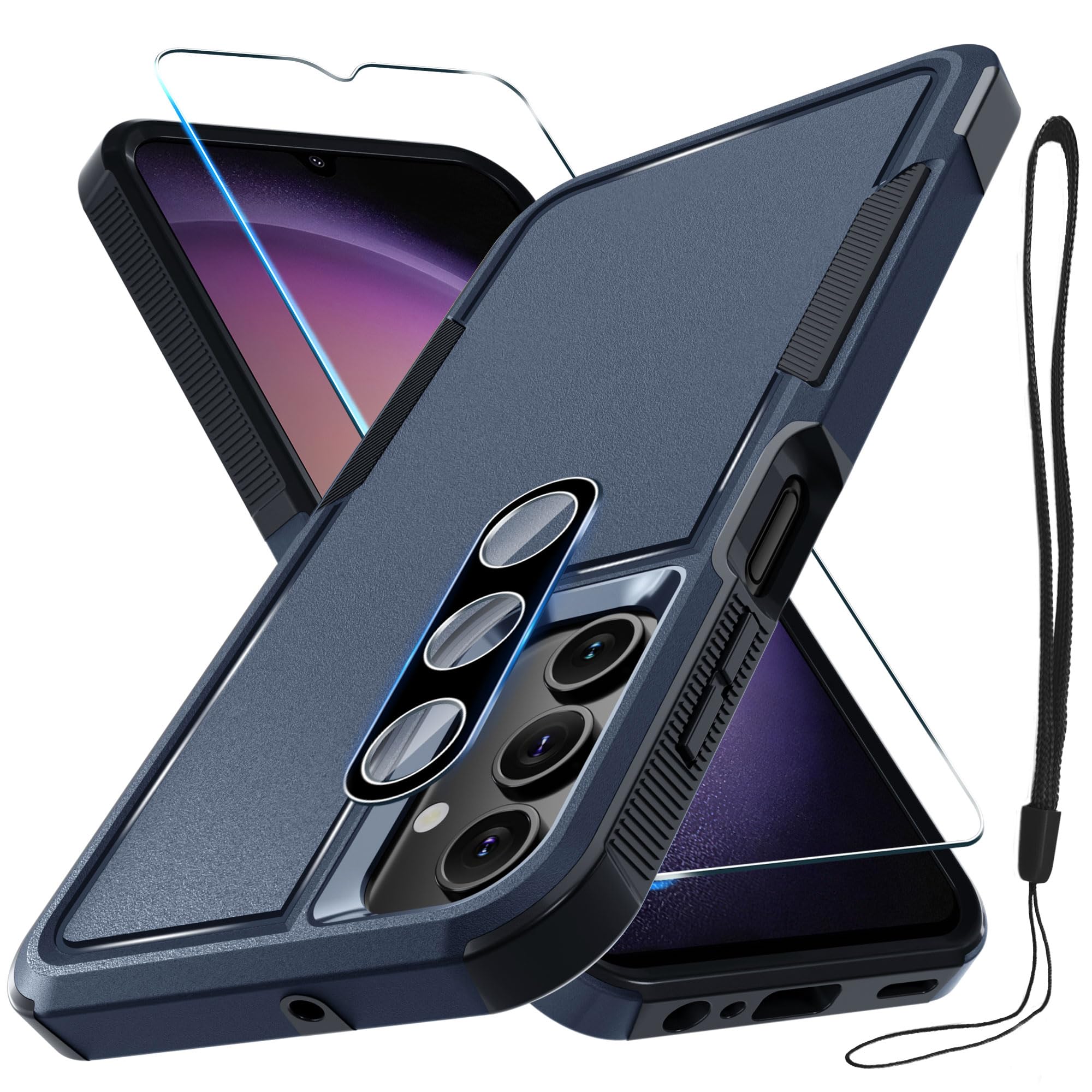 Rmocr Case For Samsung Galaxy A15 5G, Full Body Heavy Duty Rugged Shockproof Protective Phone Cover With Lanyard Strap, Tempered