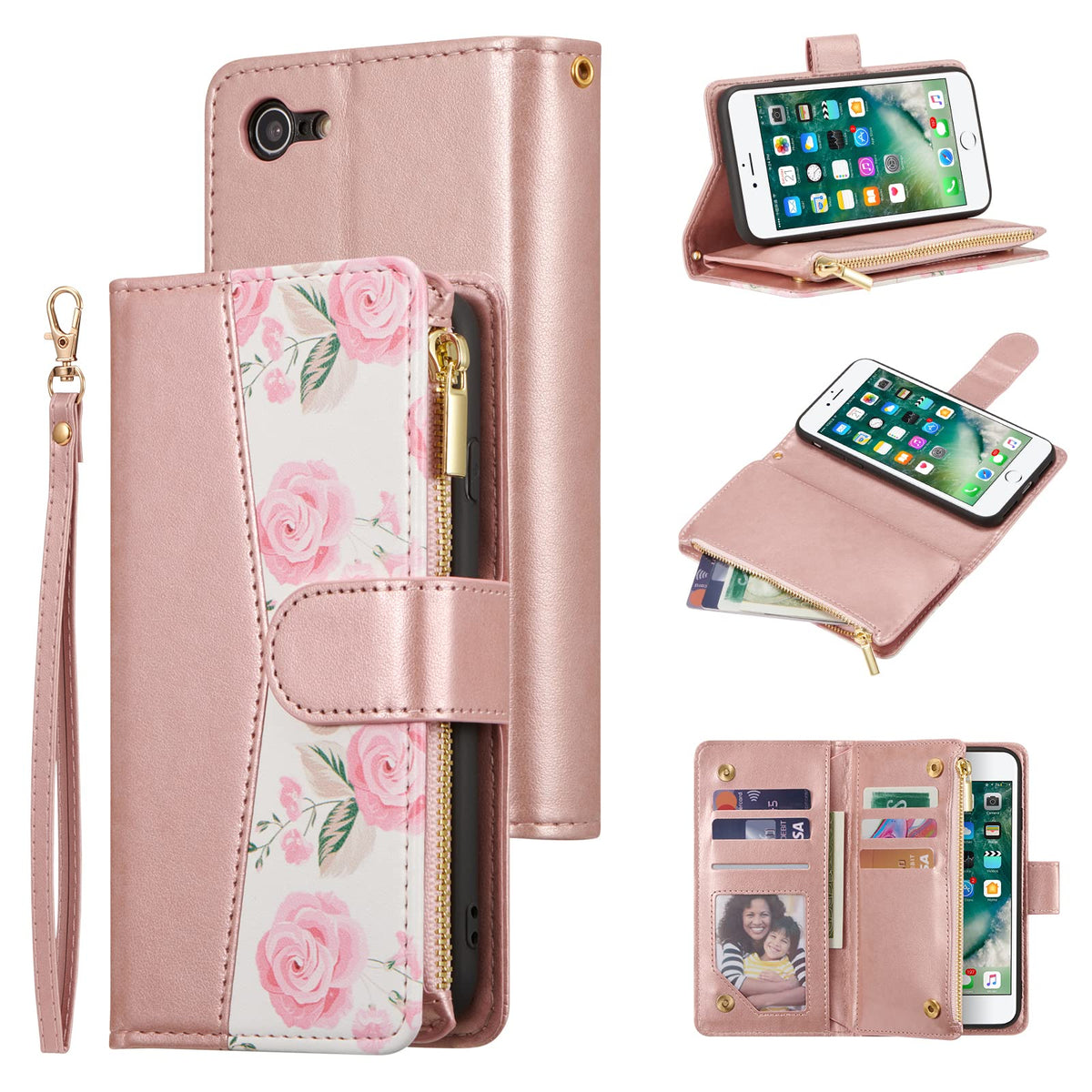 Ueebai Wallet Case For Iphone Se 2022 5G/Iphone 7/Iphone 8/Iphone Se 2020, Premium Pu Leather Magnetic Zipper Case Kickstand Car