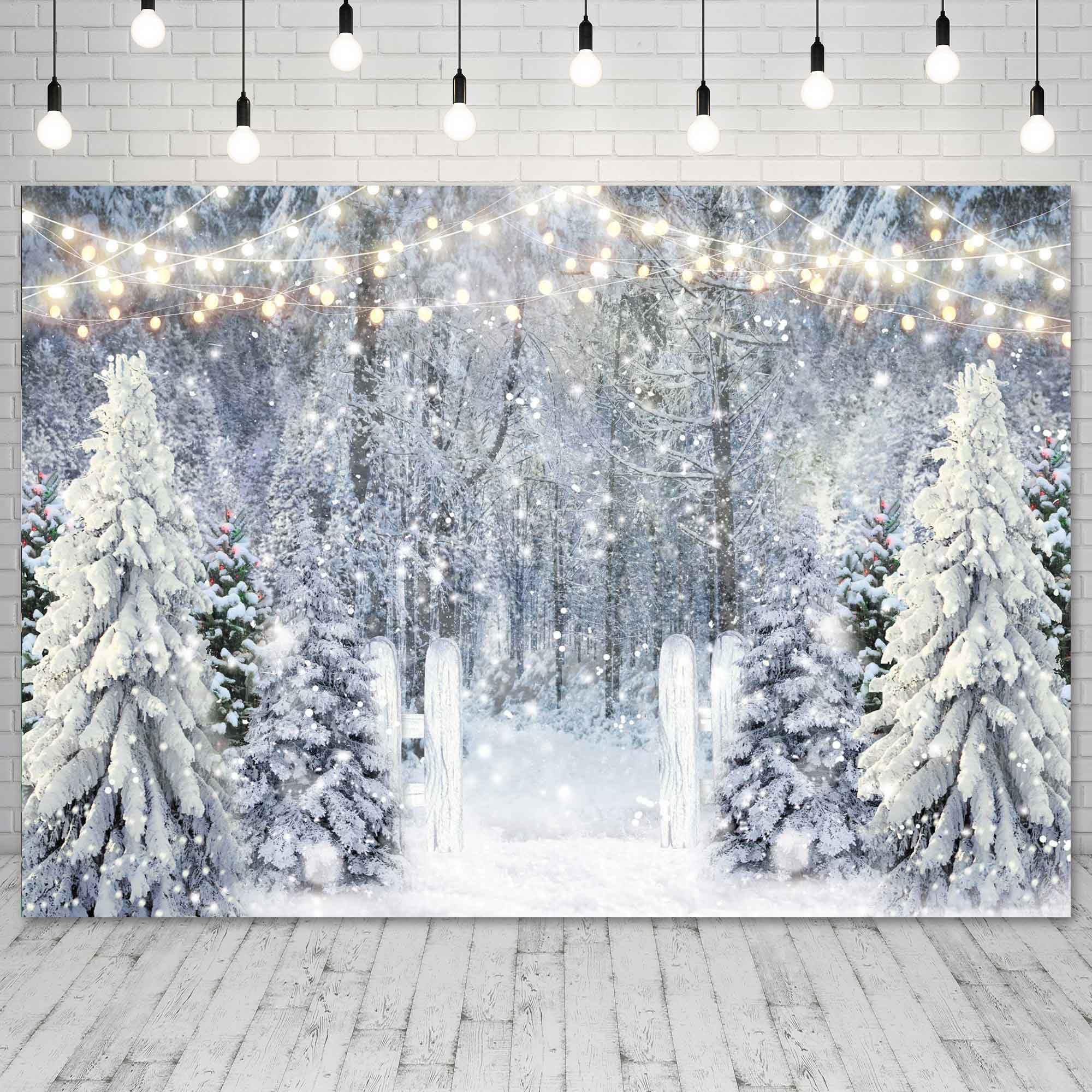 Livucee 7X5Ft Polyester Fabric Winter White Snowy Forest Backdrop For Photography Christmas Glitter Wonderland Nature Xmas Trees