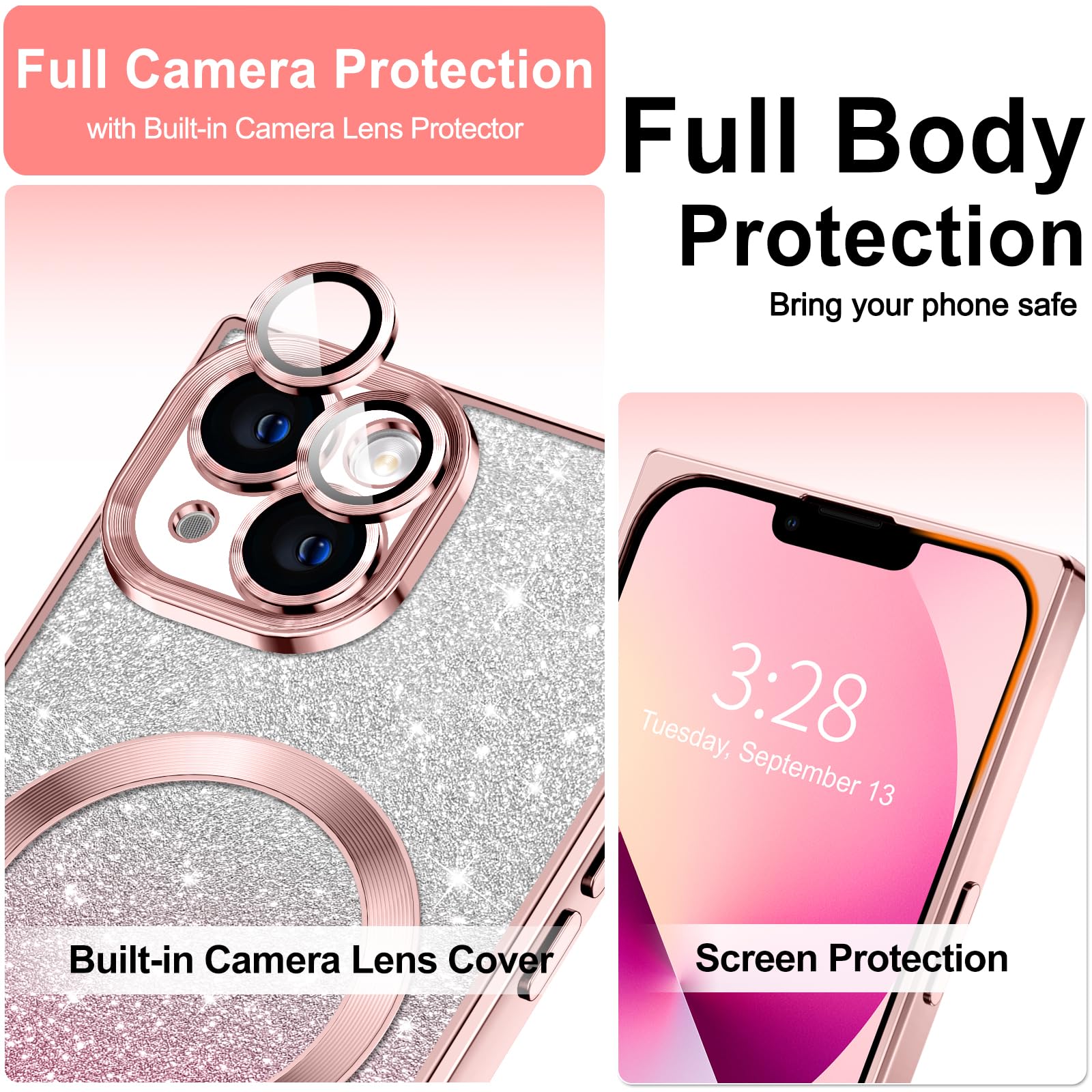 Hython For Iphone 13 Case Clear Magnetic Glitter Phone Cases [Compatible With Magsafe] Full Camera Lens Protector Gradient Spark