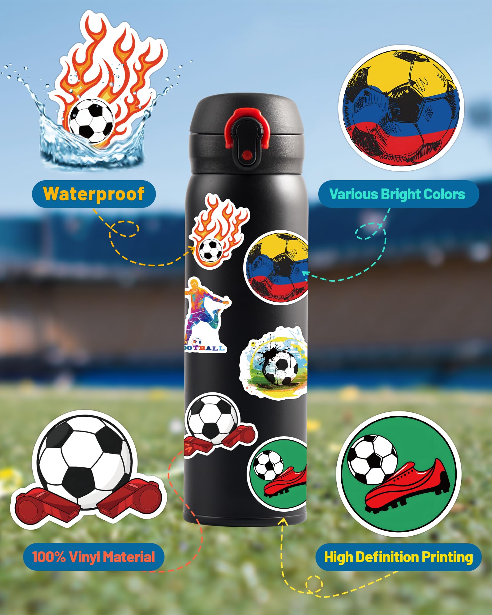 Pcnearty 100 Pcs Soccer Stickers For Kids, Water Bottle Stickers, Cute Vinyl Waterproof Hydroflask Phone Skateboard Laptop Stick
