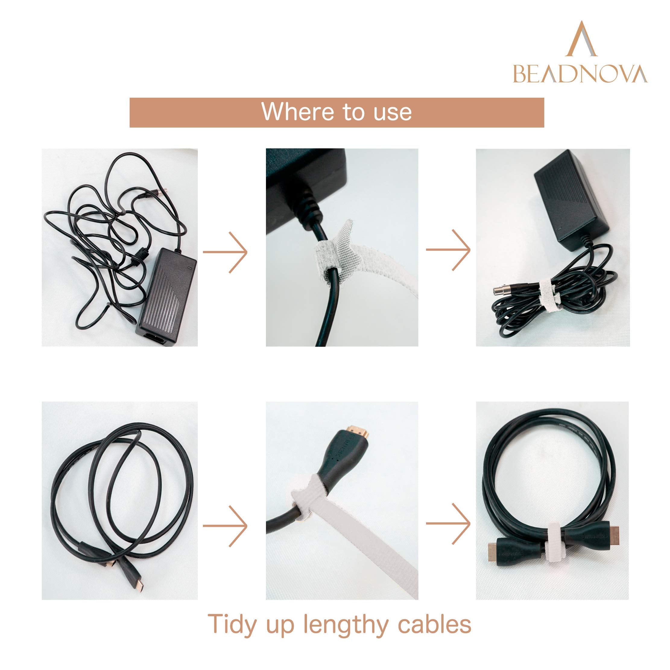 BEADNOVA Adjustable Reusable Cable Straps Cord Organizer Nylon White 8 Inches 60 Pieces