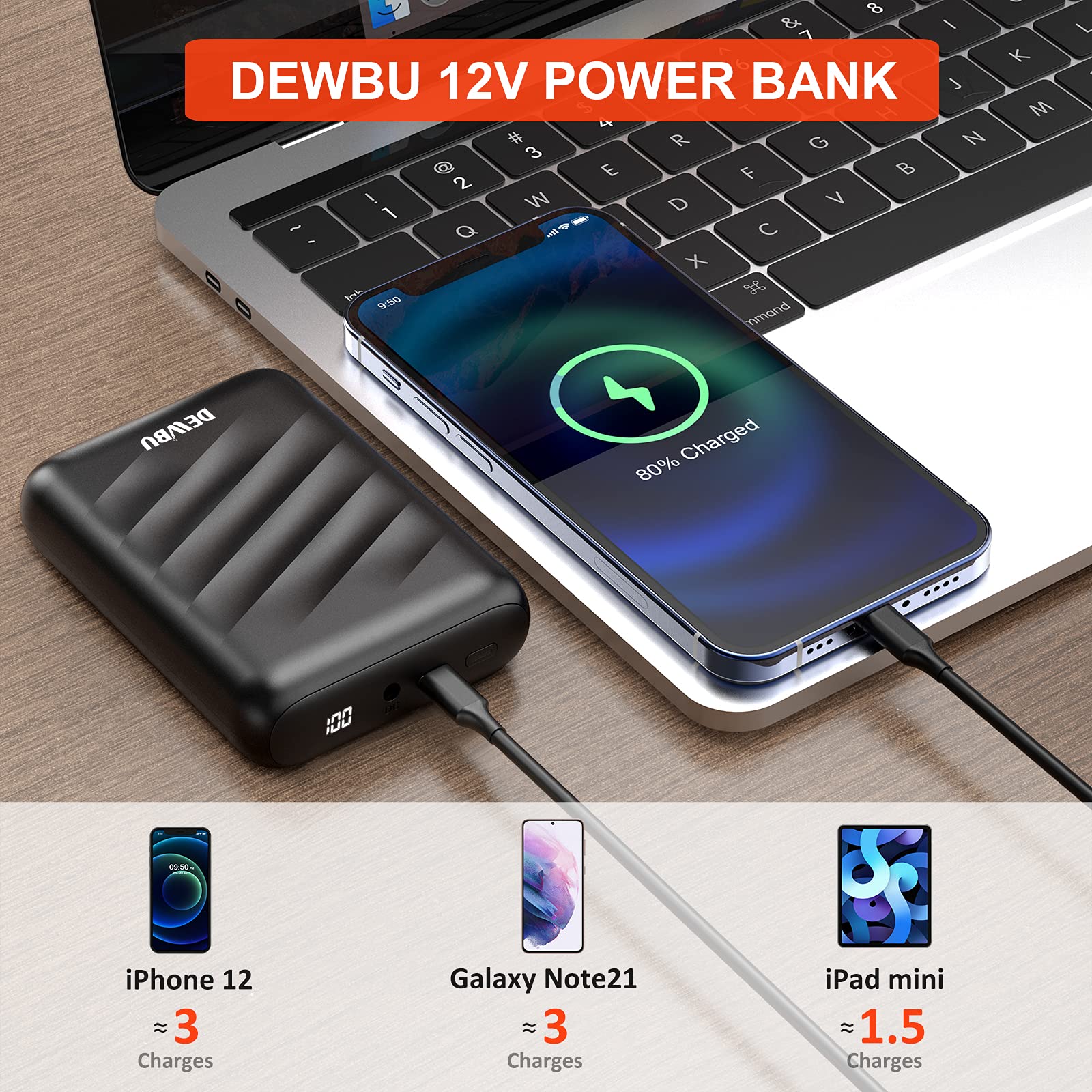 Dewbu Power Bank 12V Battery With Intelligent Led Display Battery Charger For Heated Jacket, Outdoor Electric Heating Coat, Ipho