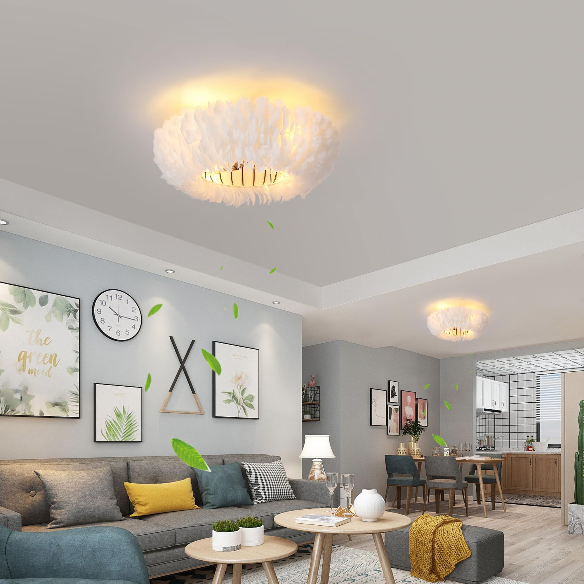 Xudom 20 Modern Ceiling Fans With Lights And Remote Control,White Feather Chandeliers Stylish Low Profile Ceiling Fan For Bedroo