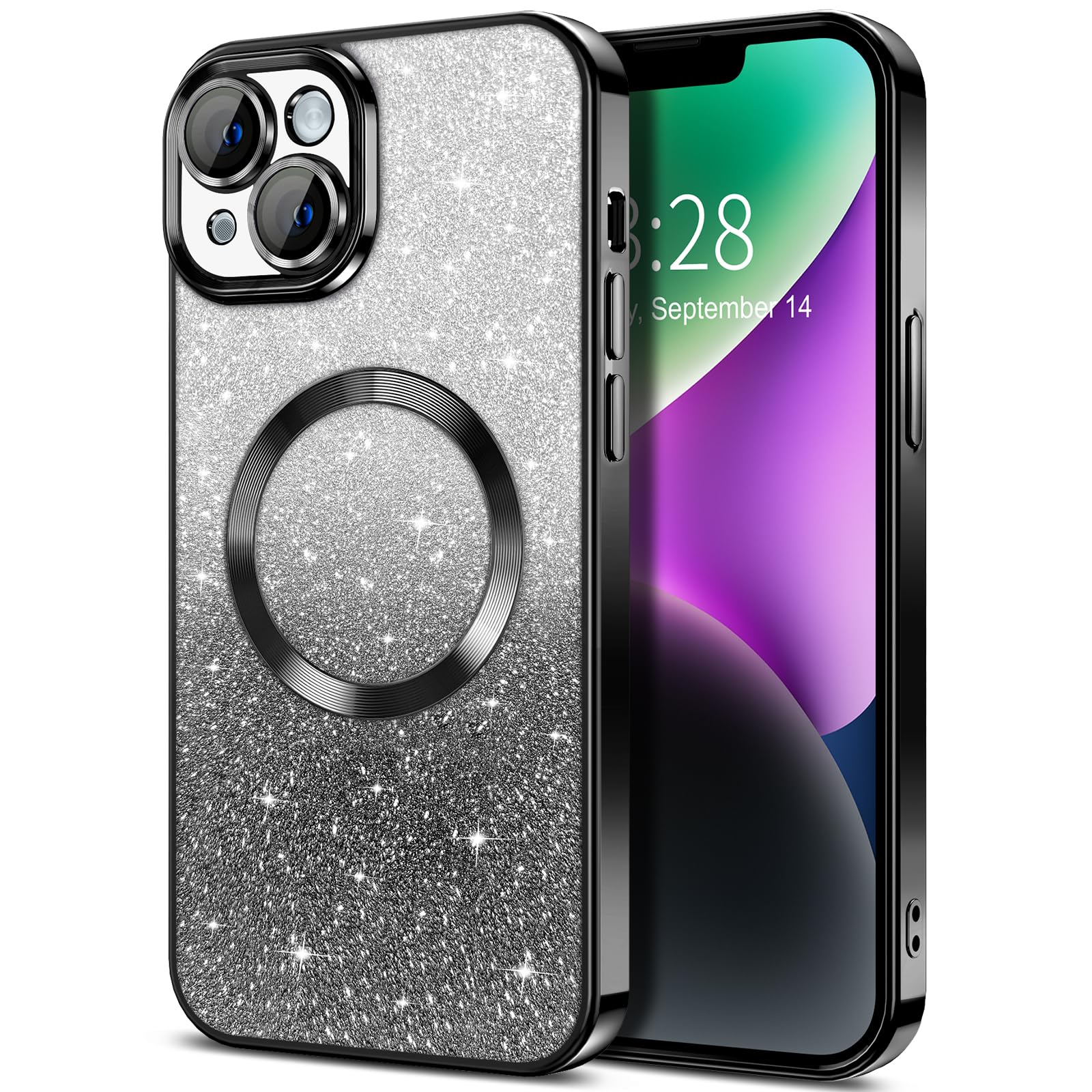 Hython For Iphone 14 Plus Case Clear Magnetic Glitter Phone Cases [Compatible With Magsafe] Full Camera Lens Protector Slim Grad