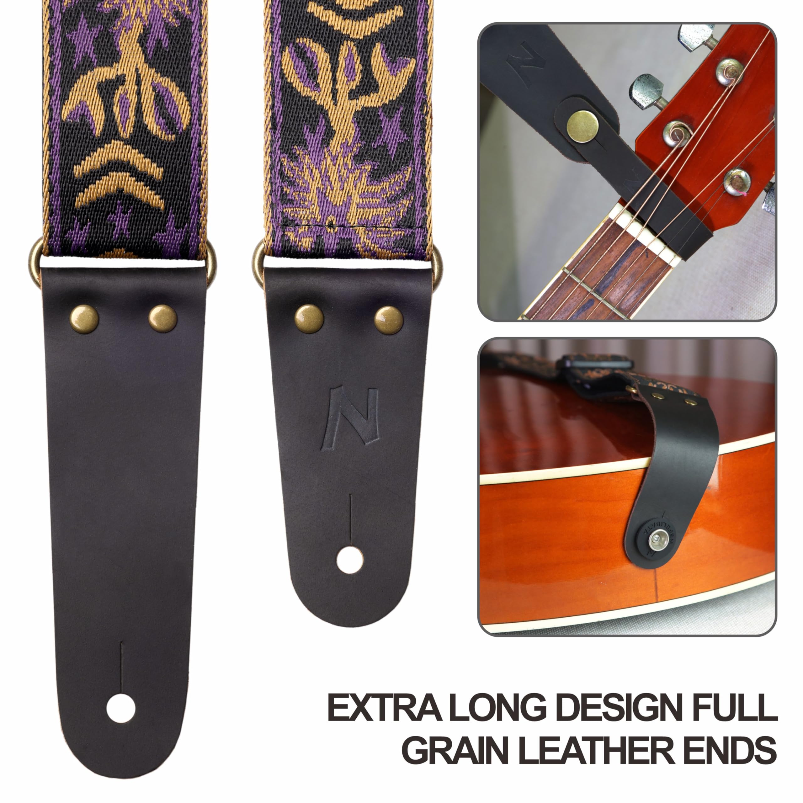 Nefelibata Guitar Strap, 2'' Embroidery Full Grain Leather Ends Guitar Straps With Hidden Pocket, For Bass, Electric And Acousti