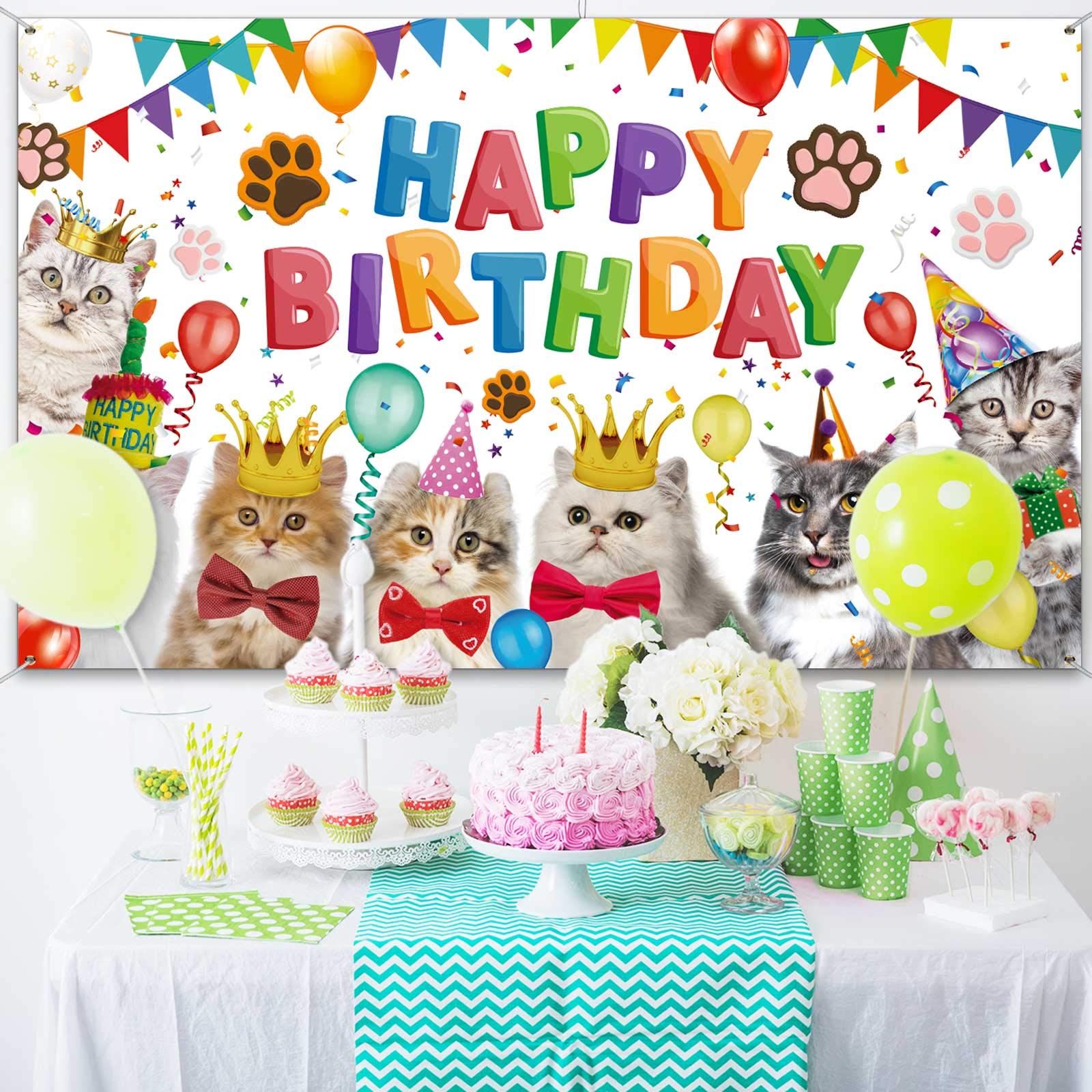 Tatuo Cat Birthday Decorations Happy Birthday Backdrop Kitten Cat Theme Party Photo Backdrop Photography Background Pet Paw Birt