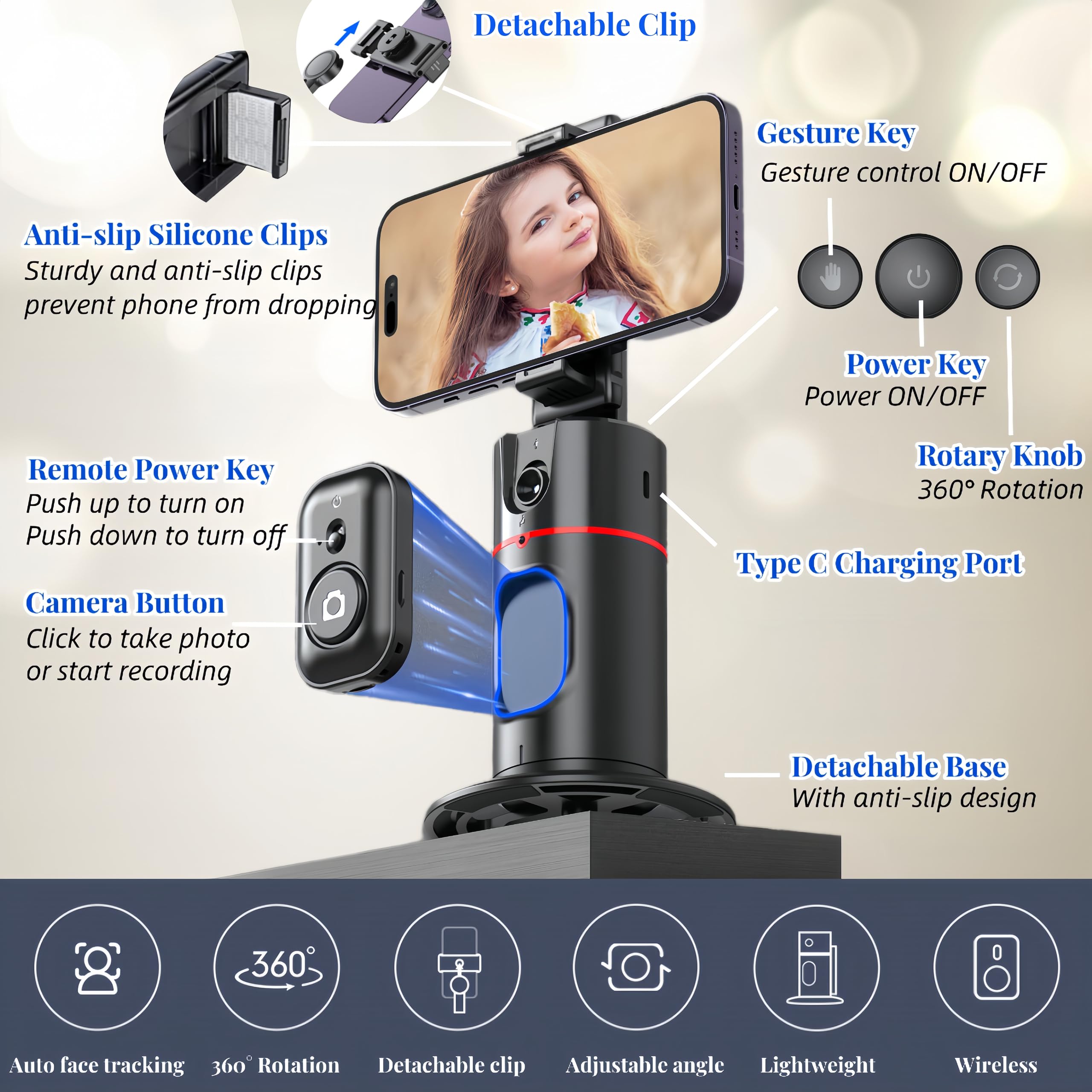 Auto Face Tracking Tripod, 360 Rotation Face Body Tracking Phone Holder, Rechargeable Smartphone Camera Mount Remote & Gesture C
