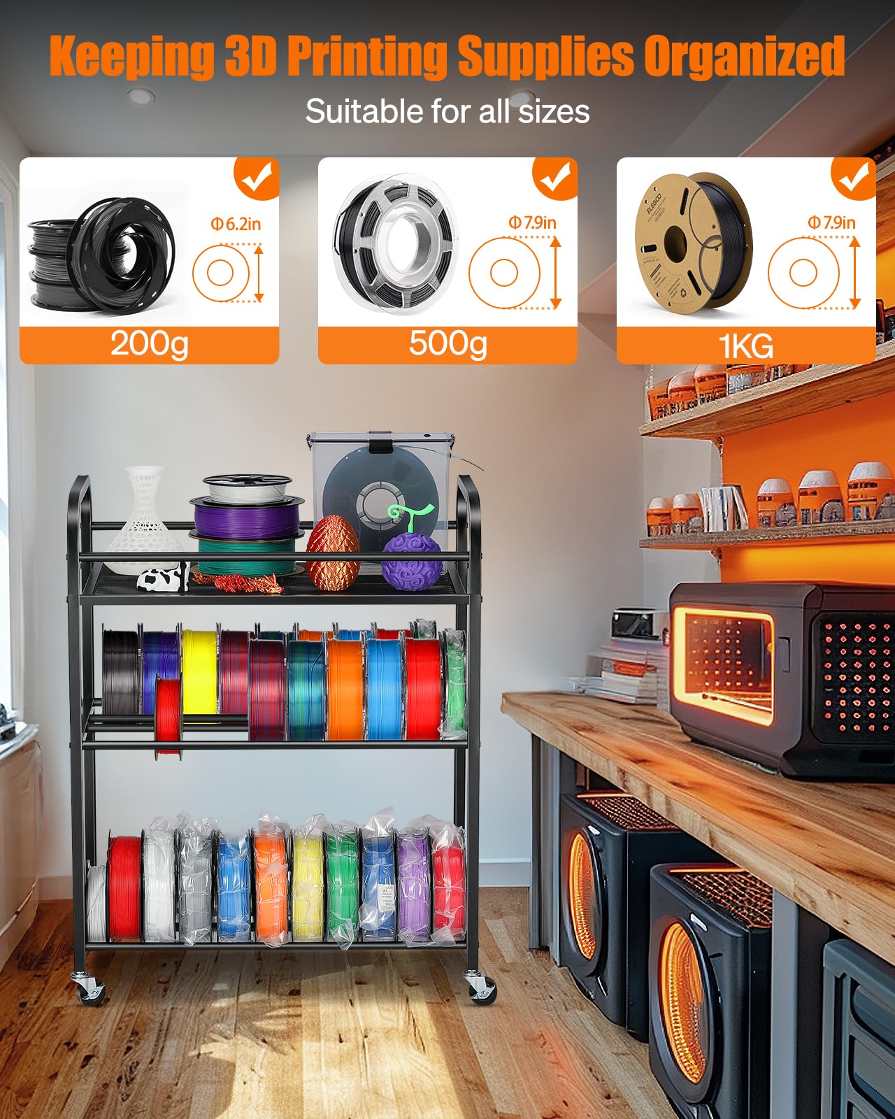3D Printer Filament Storage Rack- Rolling Filament Spool Holders Racks With Wheels, Heavy Duty Metal Shelf For Pla/Abs/Tpu/Nylon