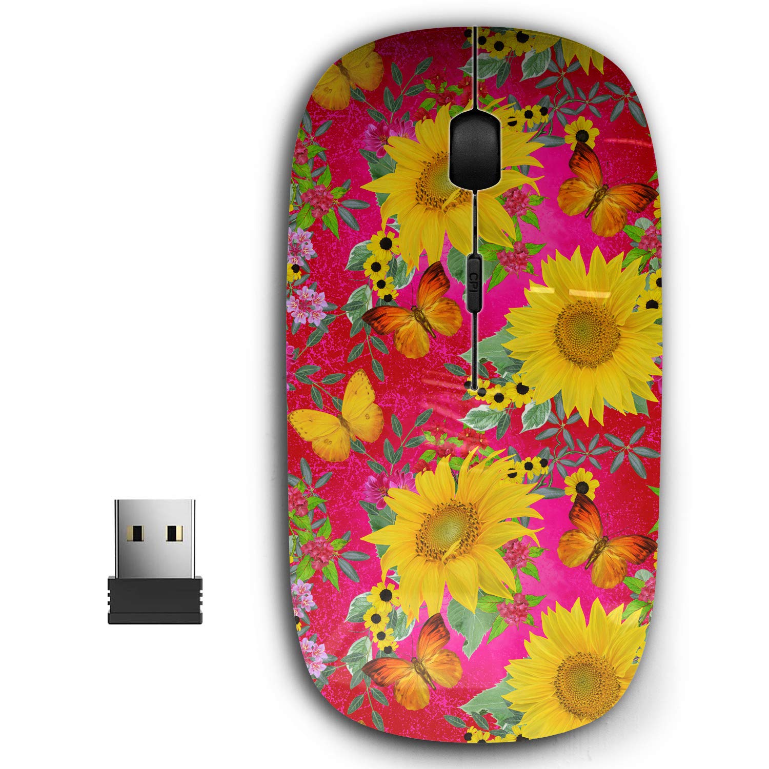Kawamouse 2.4G Ergonomic Portable Usb Wireless Mouse For Pc, Laptop, Computer, Notebook With Nano Receiver (Floral Yellow Sunflo