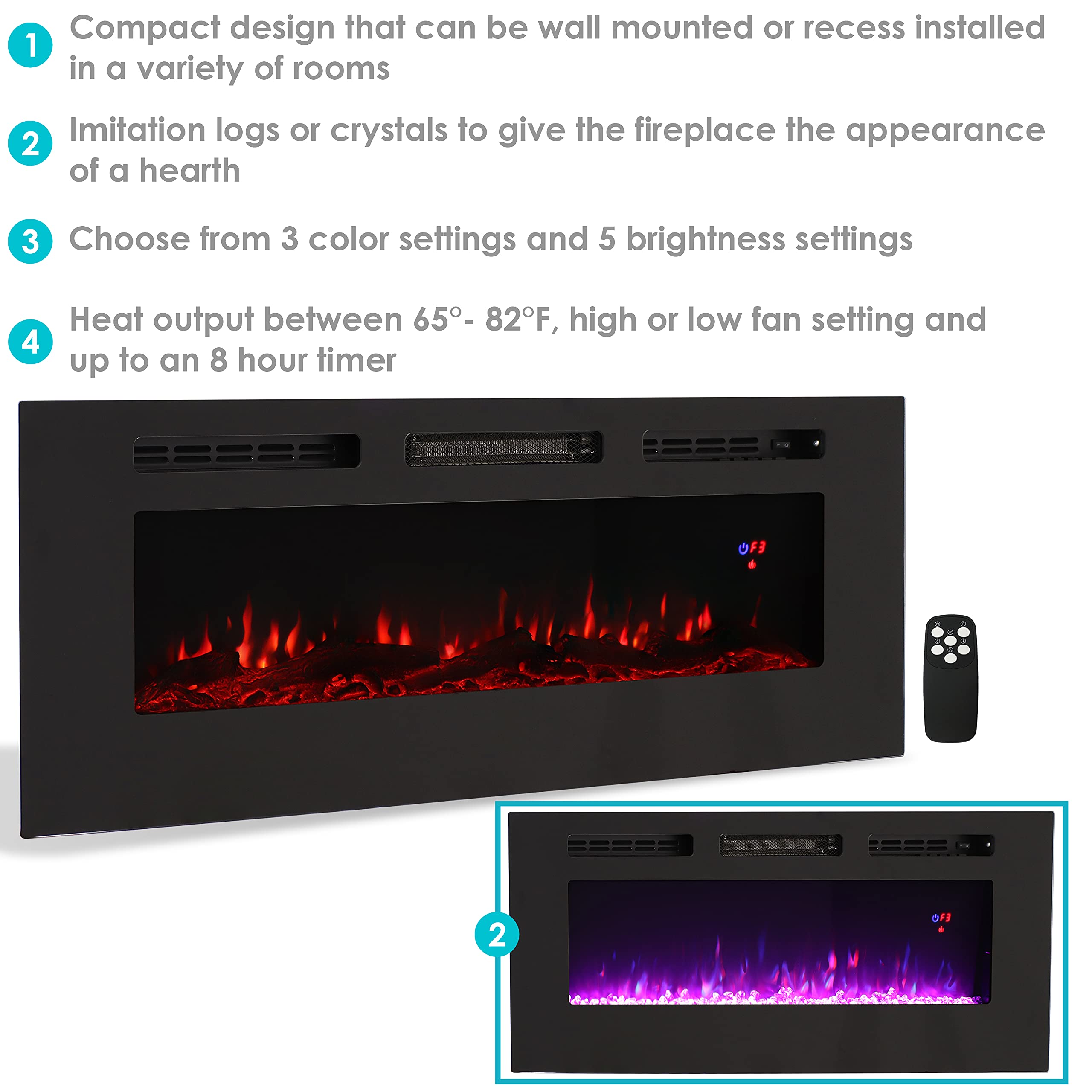 Sunnydaze Sophisticated Hearth 50 Inch Indoor Electric Fireplace   Wall Mounted/Recessed   3 Flame Colors   Black