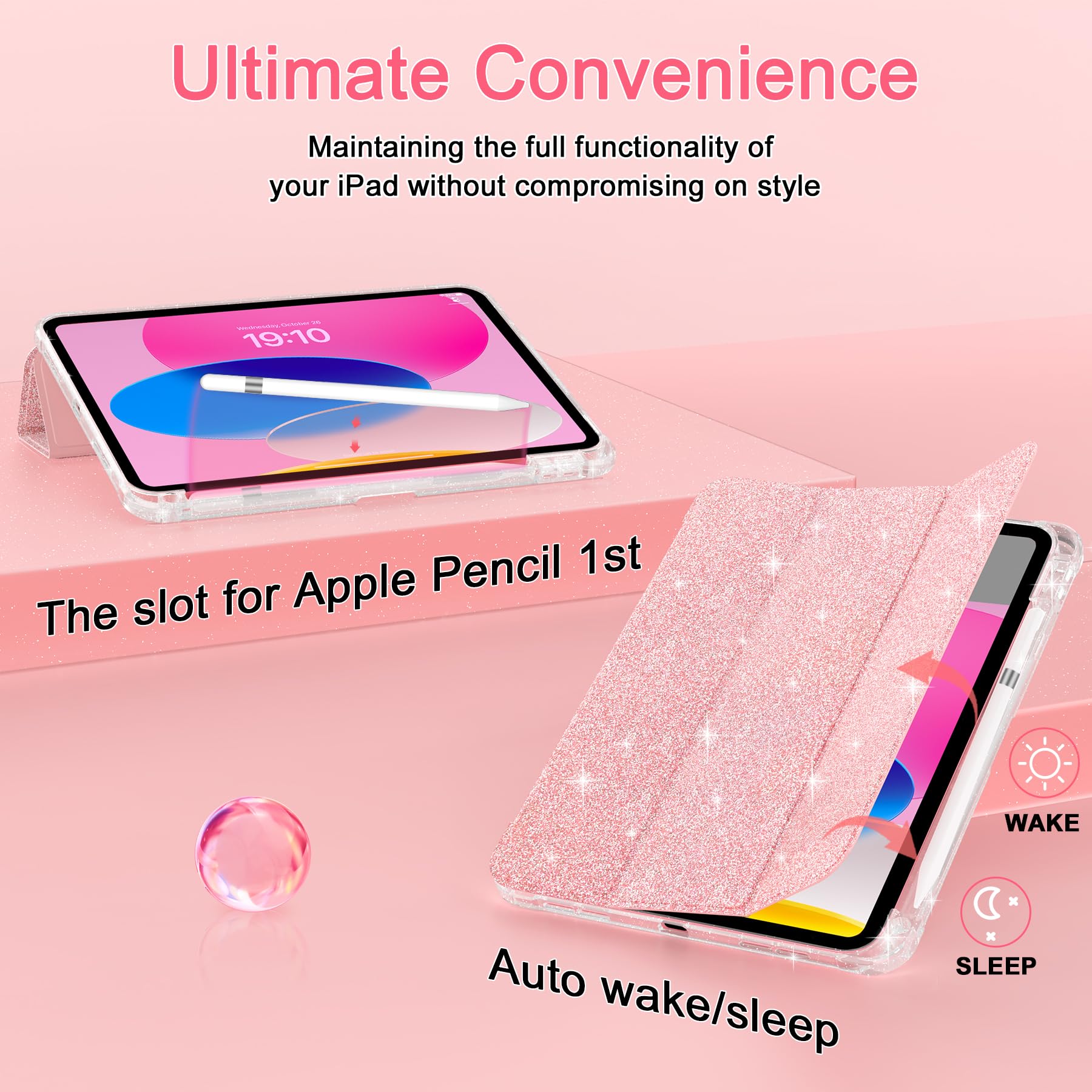 Sevrok Ipad 10Th Generation Case 2022 10.9 Inch With Pencil Holder, Sparkle Glitter Leather Trifold Stand Magnetic Smart Cover W