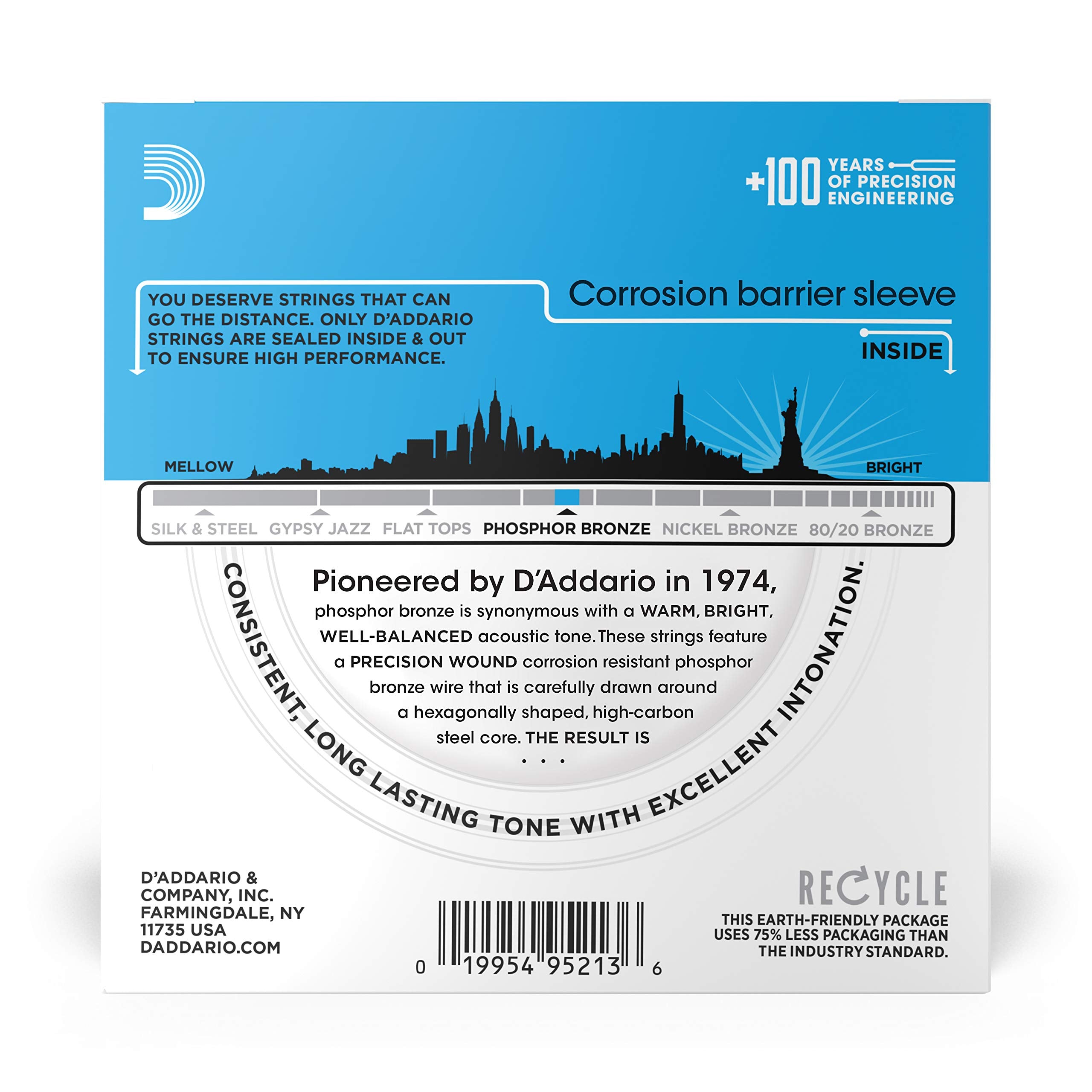 D'Addario Guitar Strings   Phosphor Bronze Acoustic Guitar Strings   Ej16 10P   Rich, Full Tonal Spectrum   For 6 String Guitars   12 53 Light, 10 Pack
