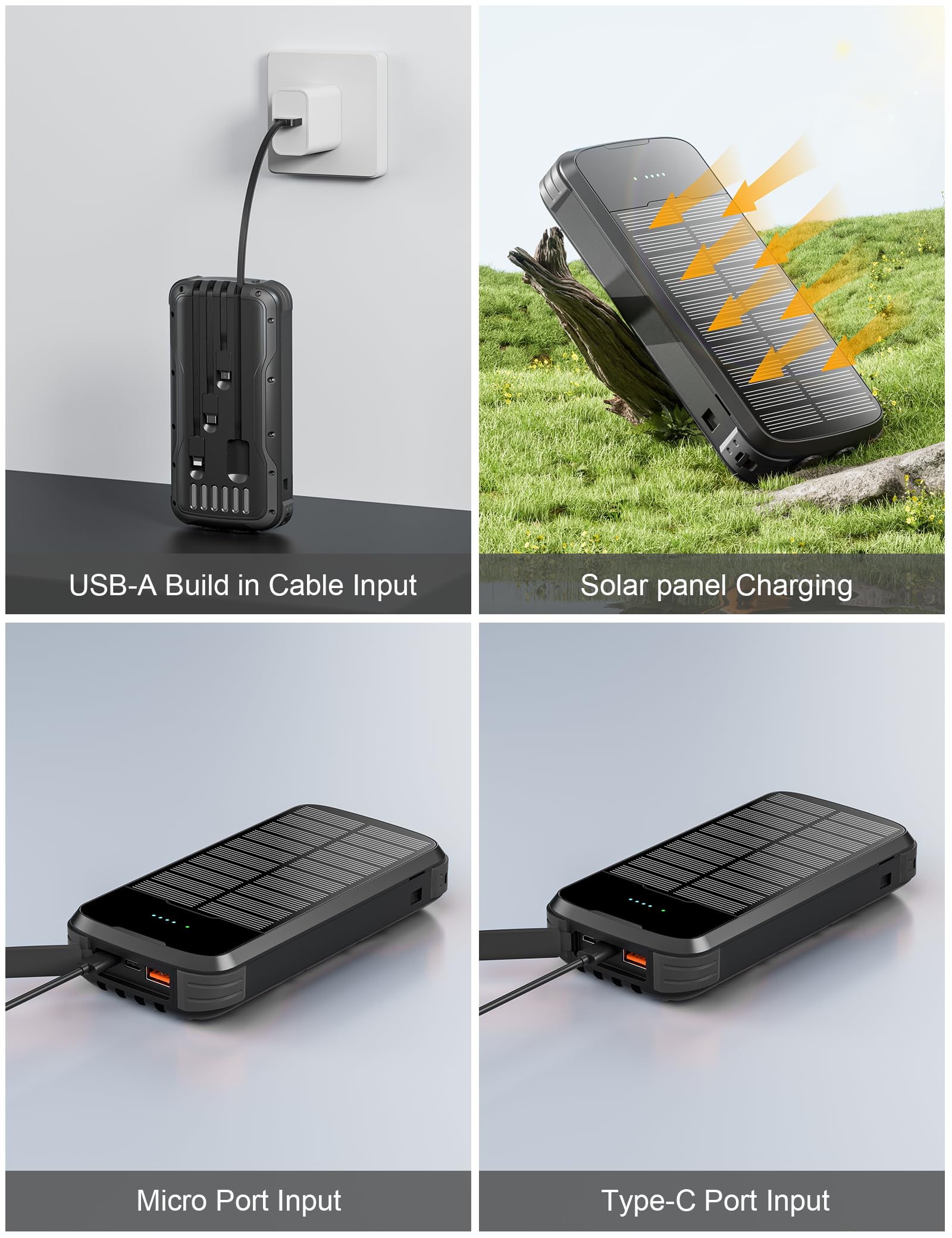 Minrise Solar Charger Power Bank, 40000Mah Portable Charger Pd 20W Fast Charging Solar Power Bank Built In 4 Cables And Usb-C In