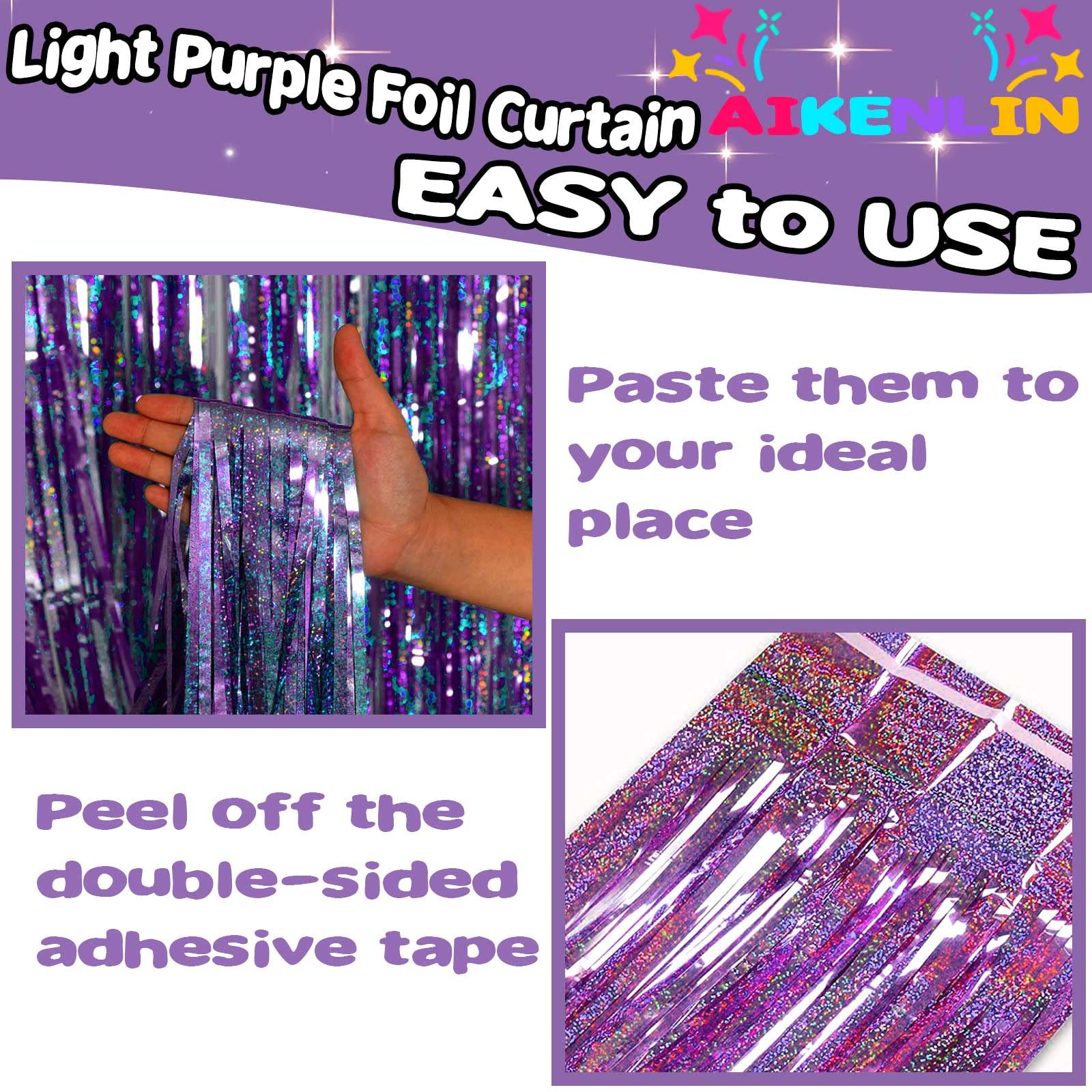 4 Pack 3.2Ft X 8.2Ft Light Purple Foil Fringe Curtain Backdrop, Metallic Tinsel Foil Fringe Streamers Curtains For Photo Booth,