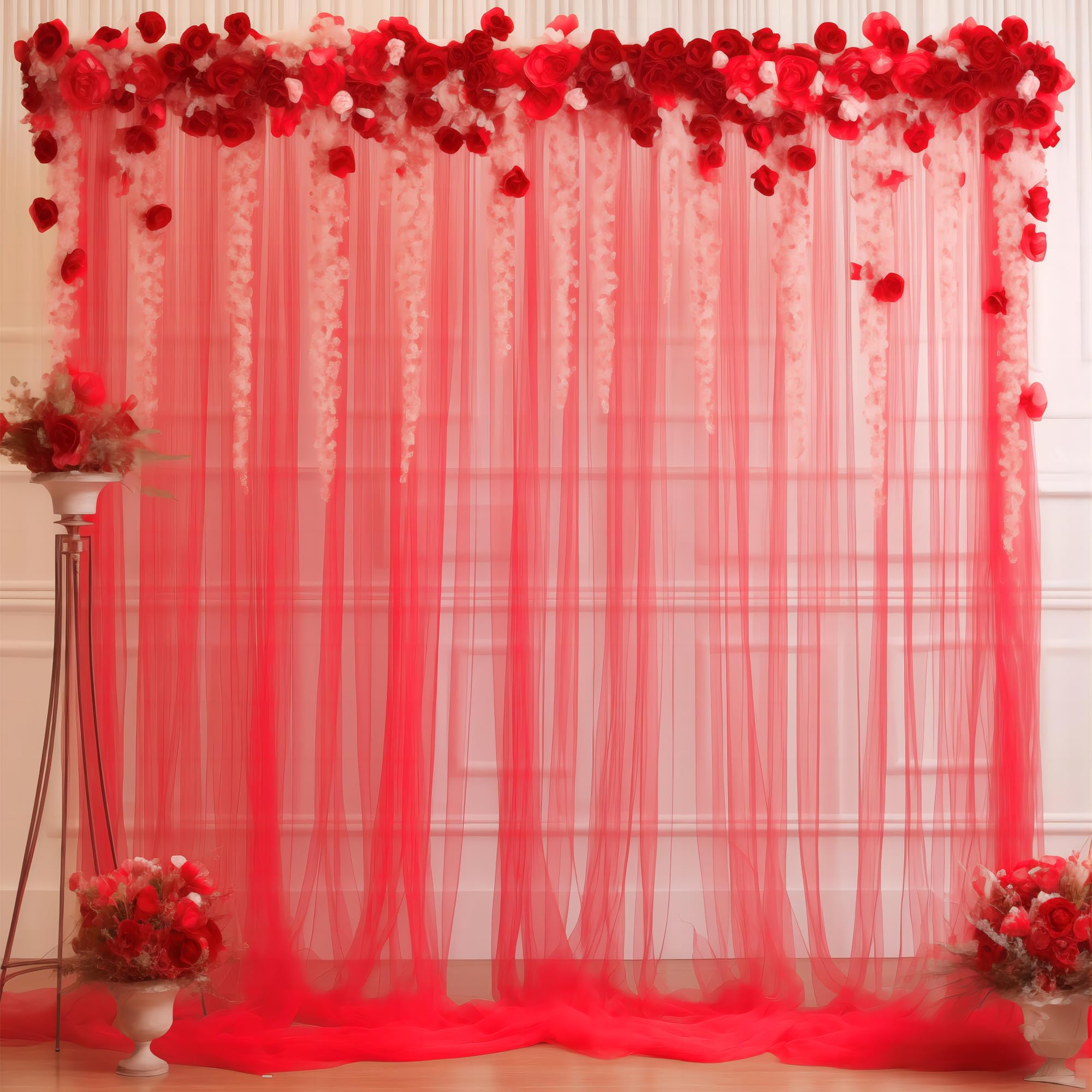 10X10 Red Tulle Backdrop Curtains For Parties, Sheer Backdrop Curtain Wedding Photo Backdrop Drapes For Baby Shower Photography
