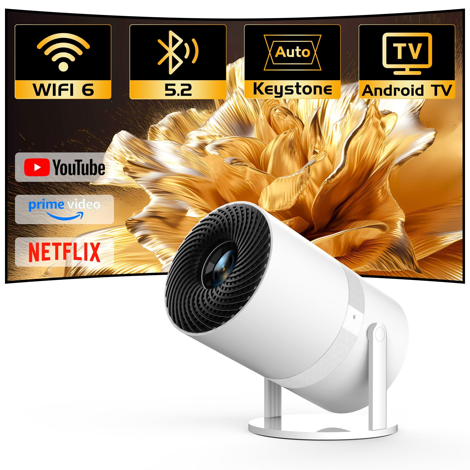 [Built In  Apps] Panseba 270Adjustable Smart Mini Projector With Wifi 6 And Bluetooth, Auto Keystone Outdoor Movie Projector, Bi