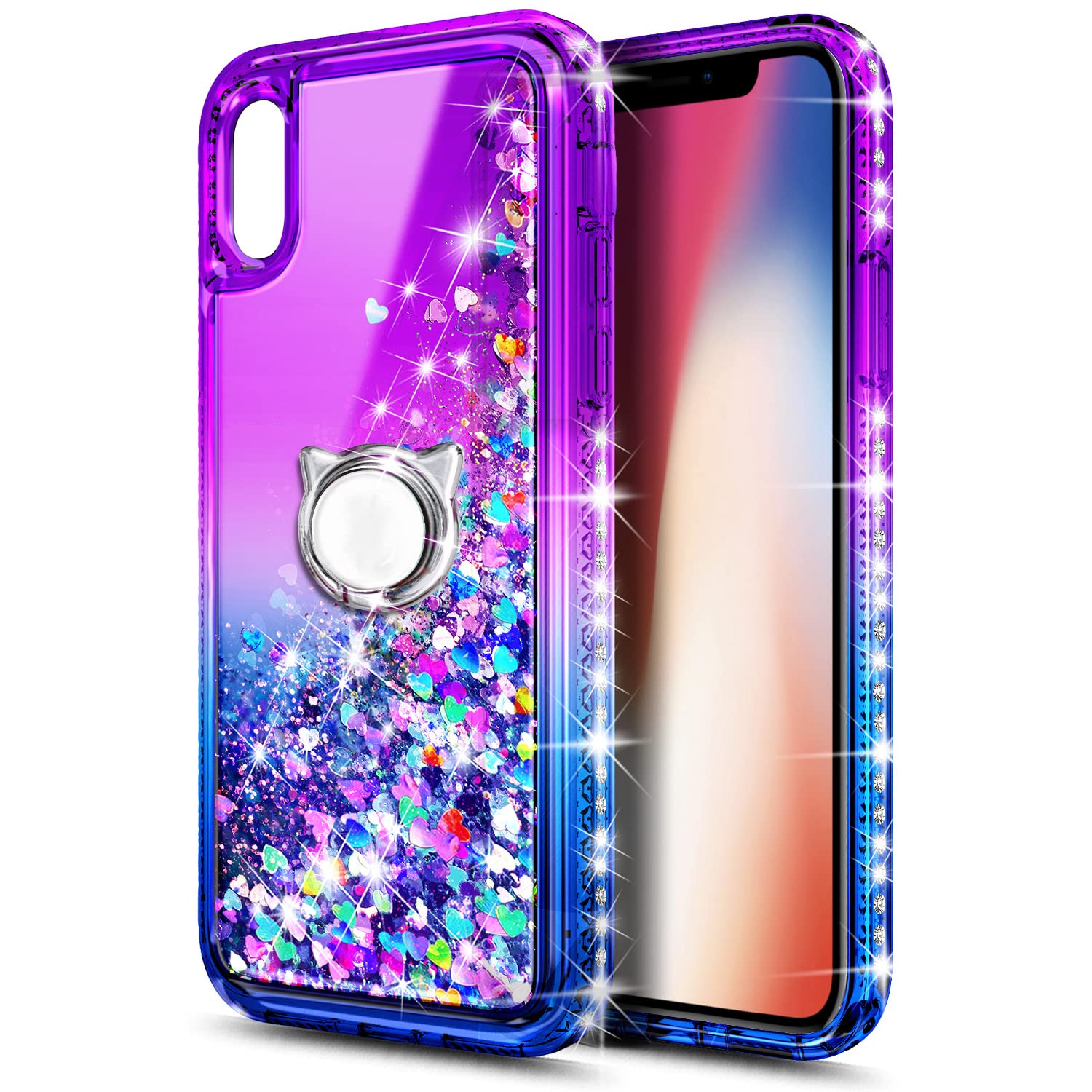 NGB Supremacy iPhone XR Liquid Glitter Case with Ring Holder, Wrist Strap, Tempered Glass Screen Protector TPU Purple/Blue