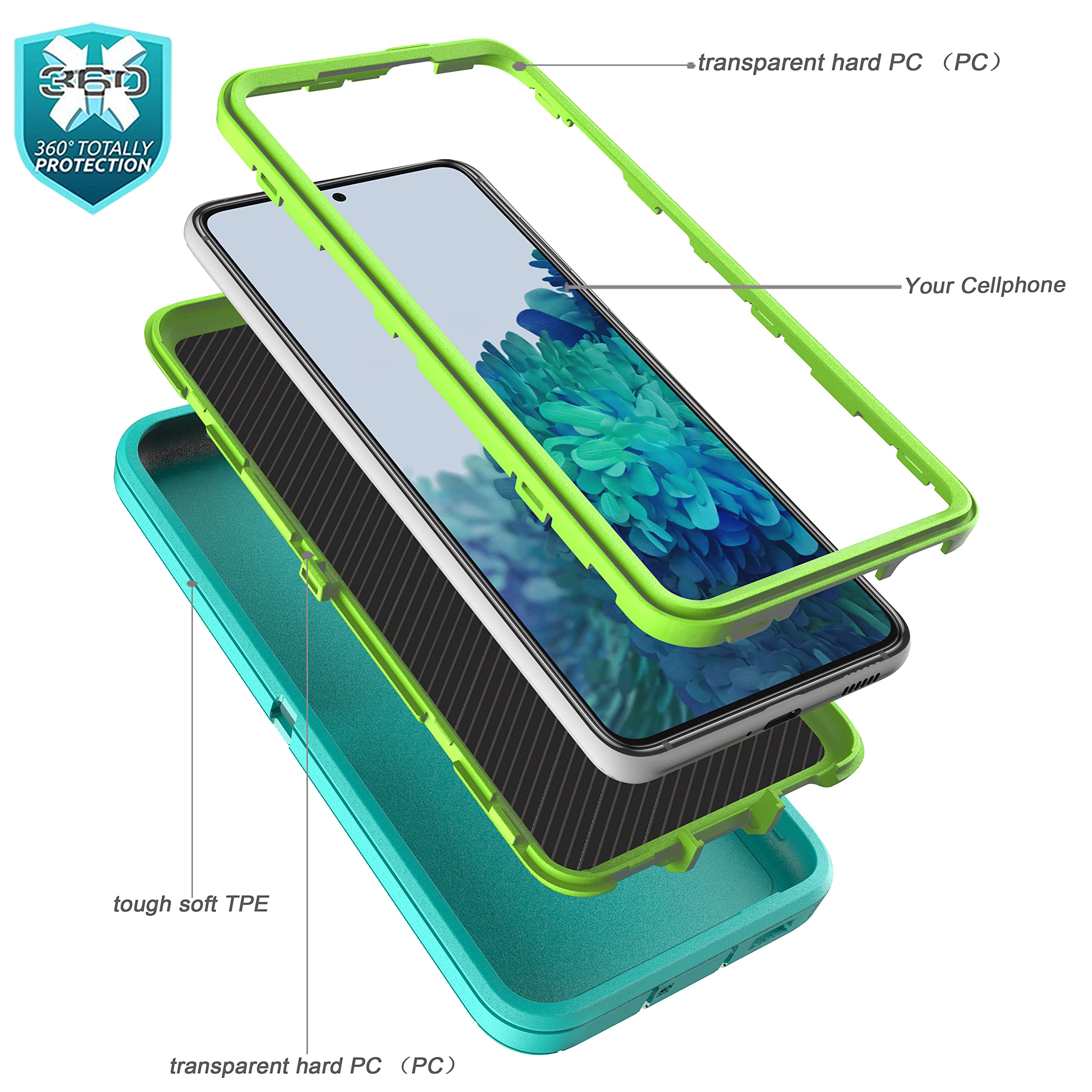 3 In 1 Heavy Duty Case For Galaxy S21 (Not For S21 Plus),With [ Flexible Tpu Film And Camera Lens Film] 2 Pack Shockproof, Drop