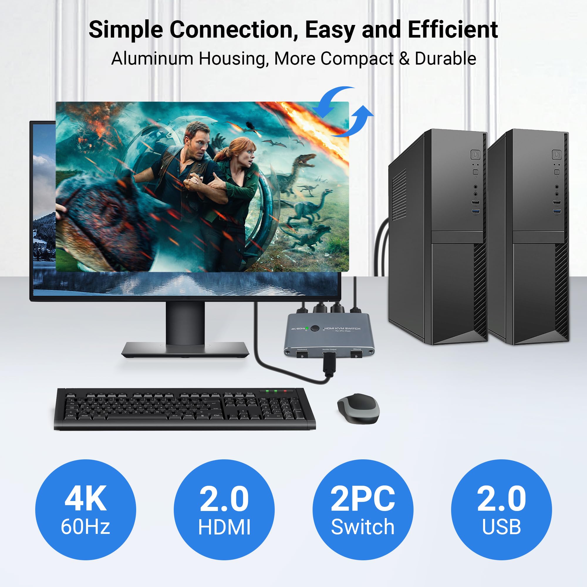 Tcnewcl Kvm Switch Hdmi 2 Port, Aluminum Kvm Switch Hdmi, Usb Switch For 2 Computers Sharing Mouse Keyboard Printer To 1 Hd Moni