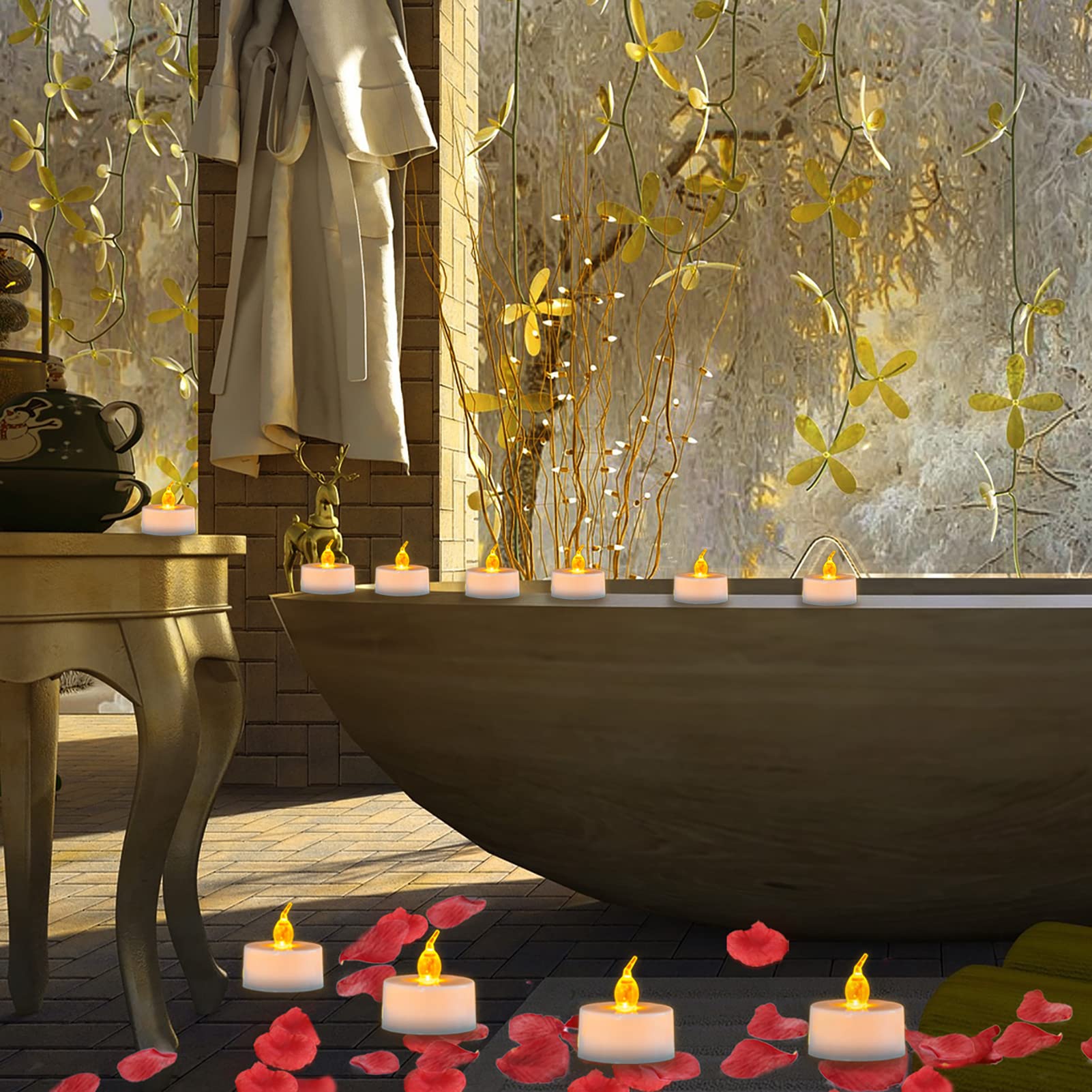 Lanker 500Pcs Red Artificial Rose Petals With 24Pcs Flickering Amber Yellow Flameless Tea Lights Candles (Amber Yellow Lights Wi