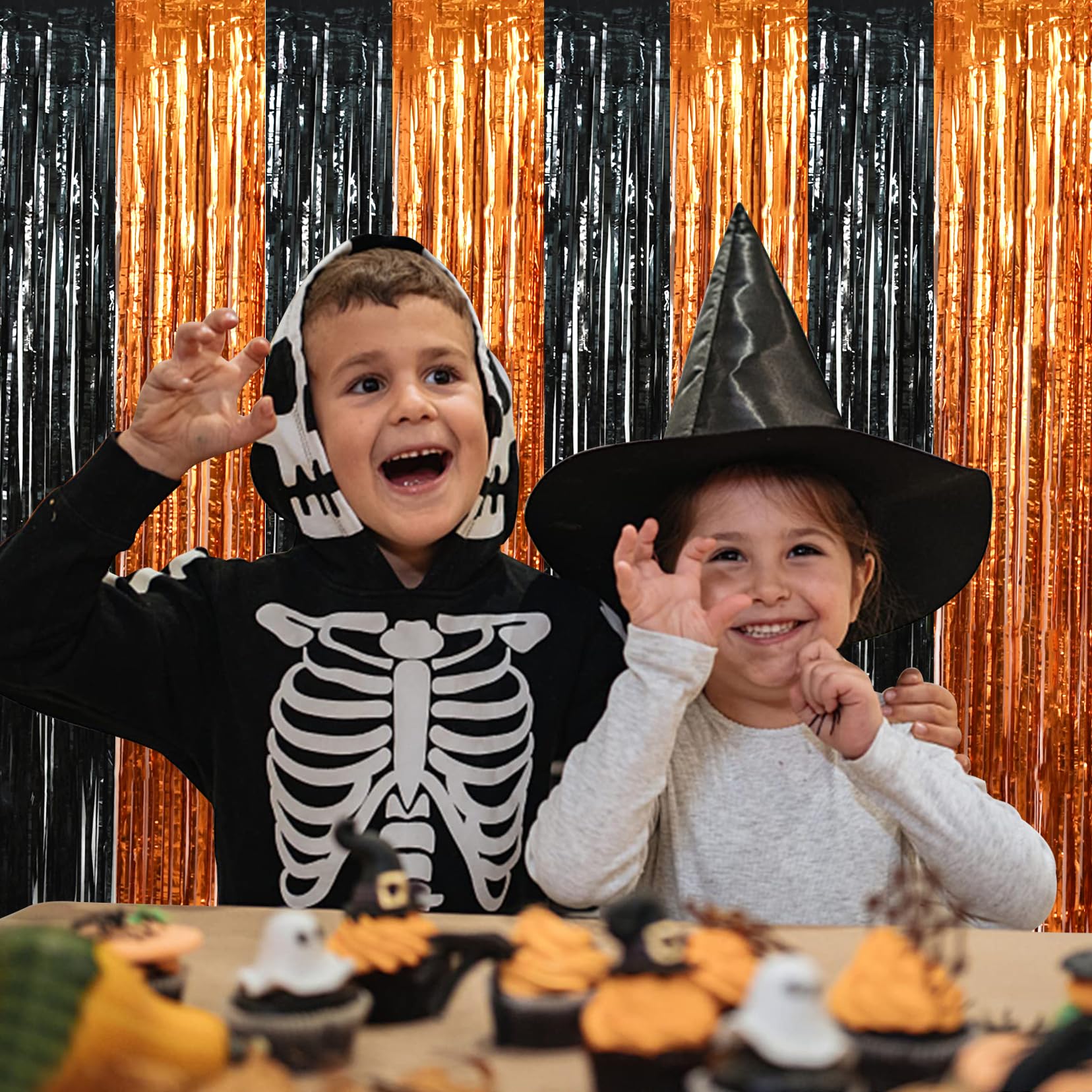 Beishida 4 Pcs Black And Orange Party Streamers Fringe Foil Curtain Backdrop Tinsel Background Party Decoration For Door Wall Gr