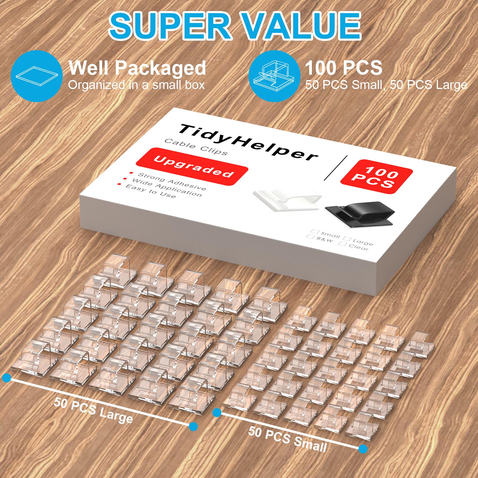 100 Pcs Outdoor Light Clips Clear (Small & Large), Adhesive Cable Clips For Wall Wire Holder Cable Management Cord Organizer, Ch