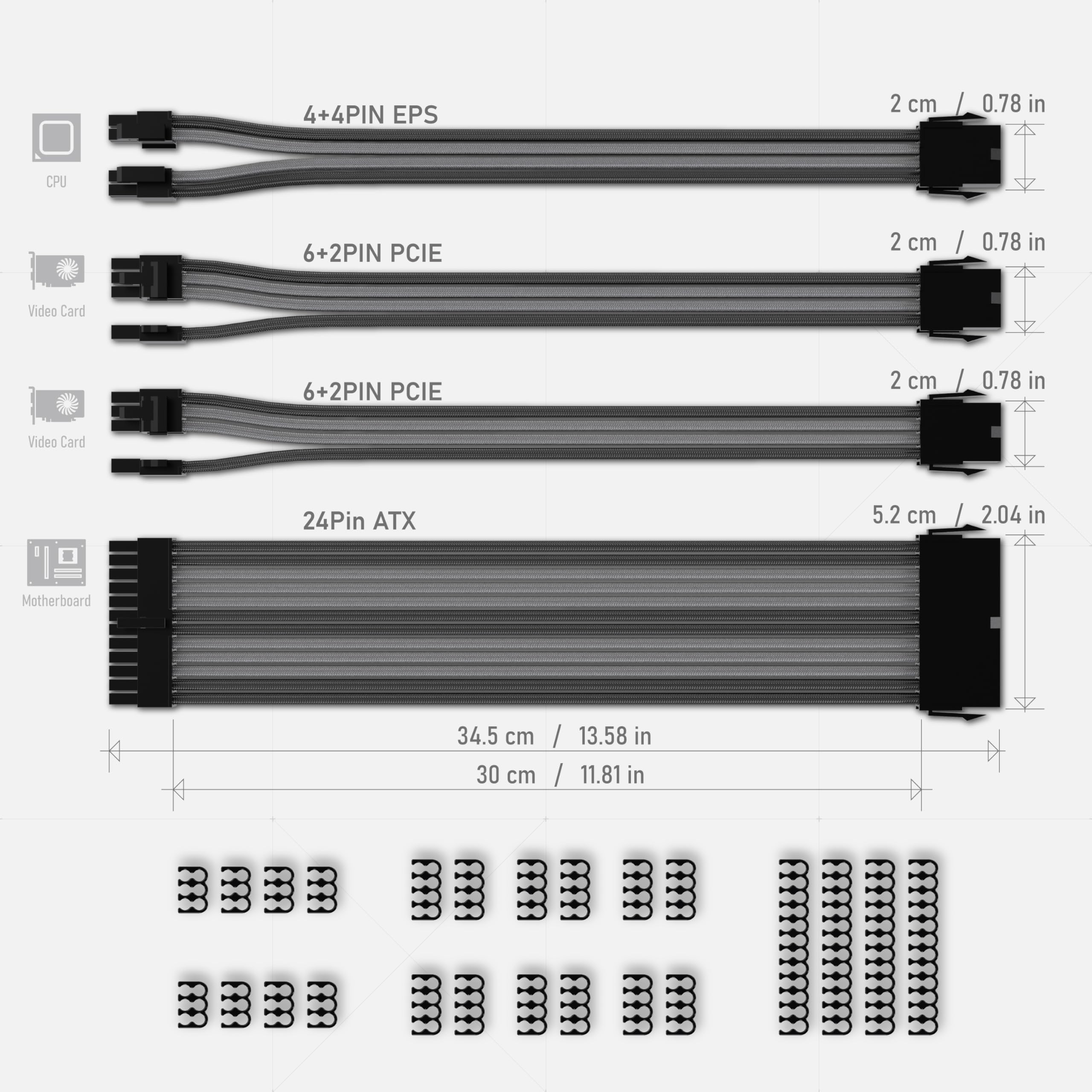 Ezdiy Fab Psu Extension Cable Sleeved Custom Mod Pc Power Supply Cable, Soft Nylon Braided With Comb Kit 24Pin/8Pin To 6+2Pin/ 8