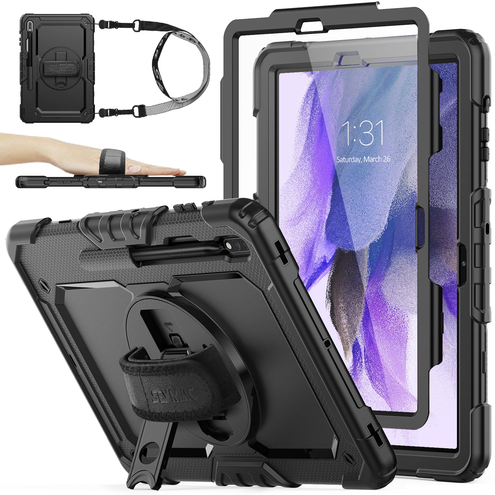 Seymac Stock Case For Samsung Galaxy Tab S8 Plus/ S7 Fe 5G Case 12.4'' With Screen Protector Pencil Holder [360 Rotating Hand St