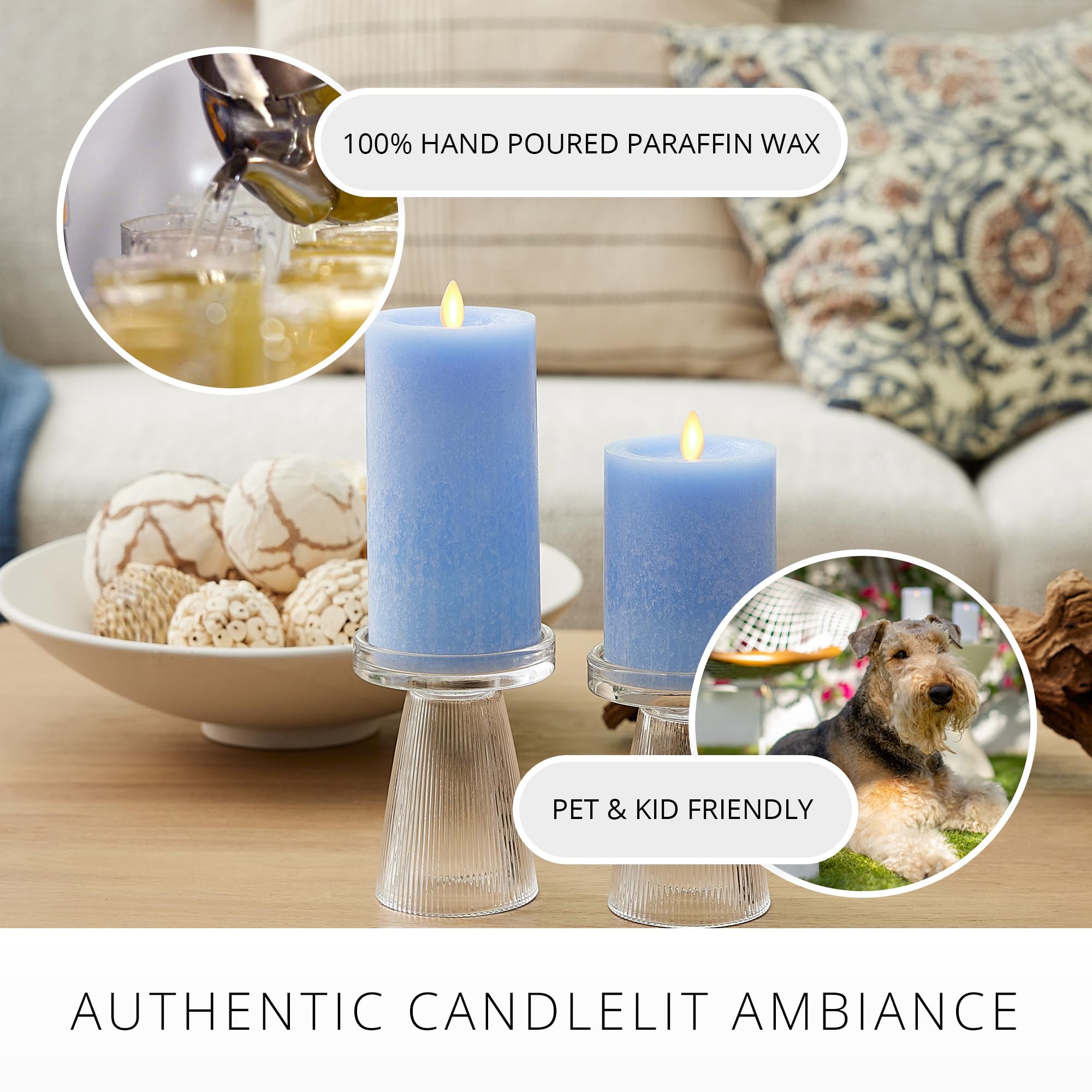 Luminara Sea Glass Flameless Candle, Cornflower 3'' X 4.5'', Moving Led Flame Pillar With Timer, Battery Operated, Real Wax, Uns