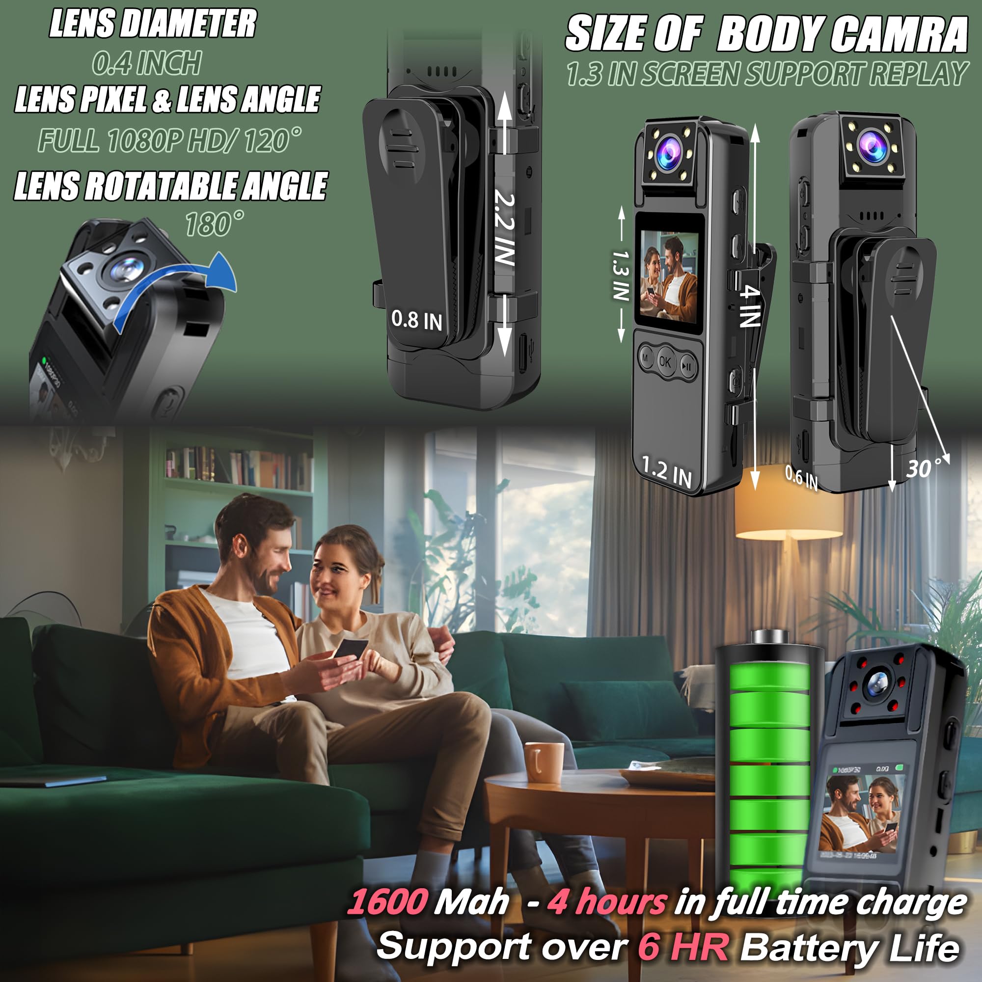 Ksadbossbo Body Camera With Audio And Video Recording, Hd 1080P Body Cam With 180 Rotating Lens, 6Hr Battery, Night Vision, Body