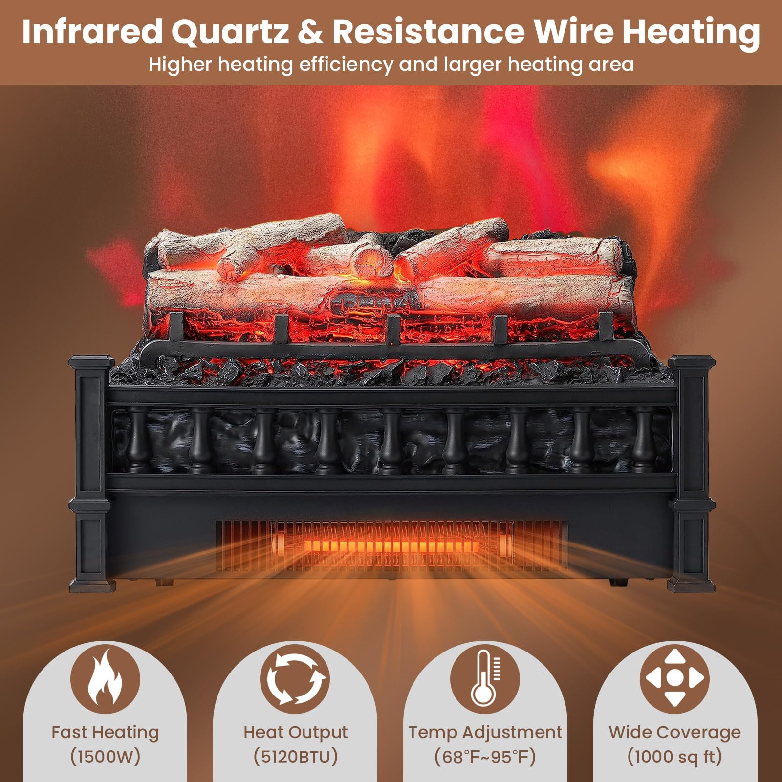 Tangkula 20    Electric Fireplace Log Set Heater With Adjustable Temp, Overheating Protection, Realistic Birch Wood Ember Bed, I