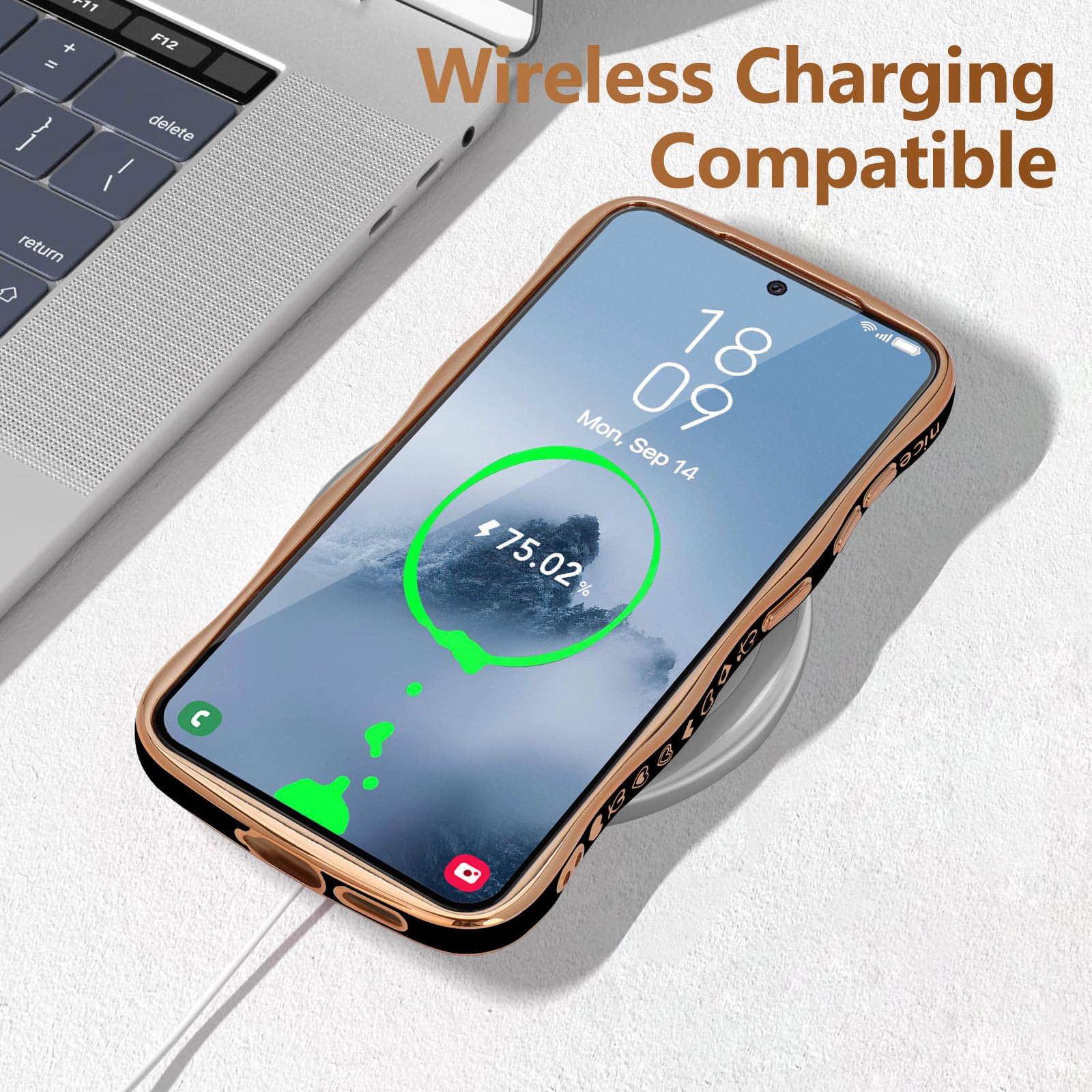 Lchulle For Samsung Galaxy S23 Plus Case For Women Girls, Cute Wave Frame Curly Shape With Love Heart Raised Camera Protection C