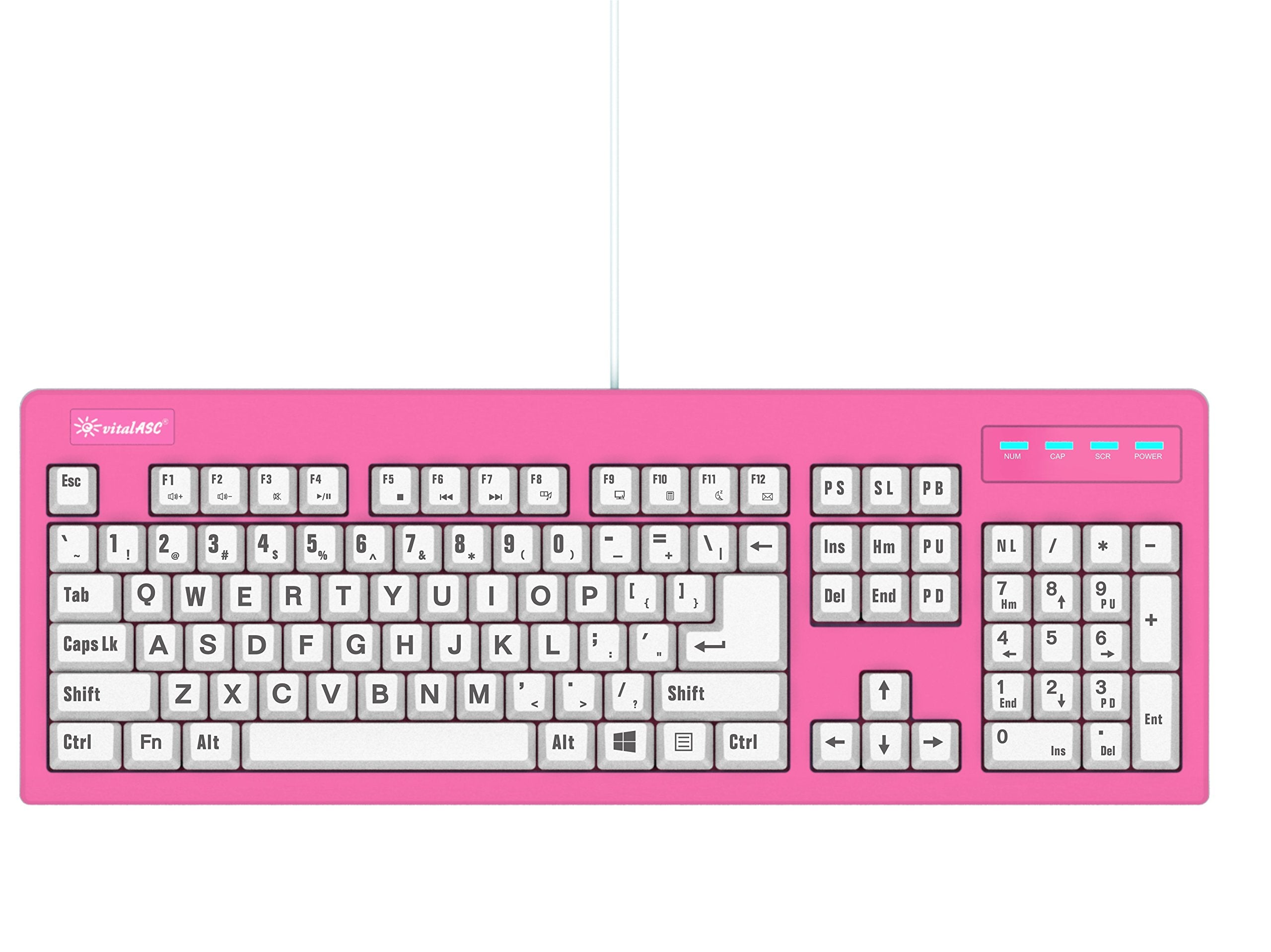 Vitalasc 104 Key Large Print Usb Wired 7Ft, Spill Resistant, Hot Pink And White, Durable Keyboard For Laptop, Mac, Tv, And Compu