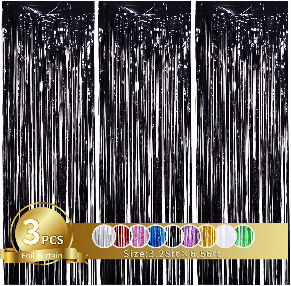 Toniful 3Pcs Black Door Streamers,3.28Ft X 6.56Ft Black Photo Booth Backdrop Metallic Streamers Black Foil Fringe Curtains For B