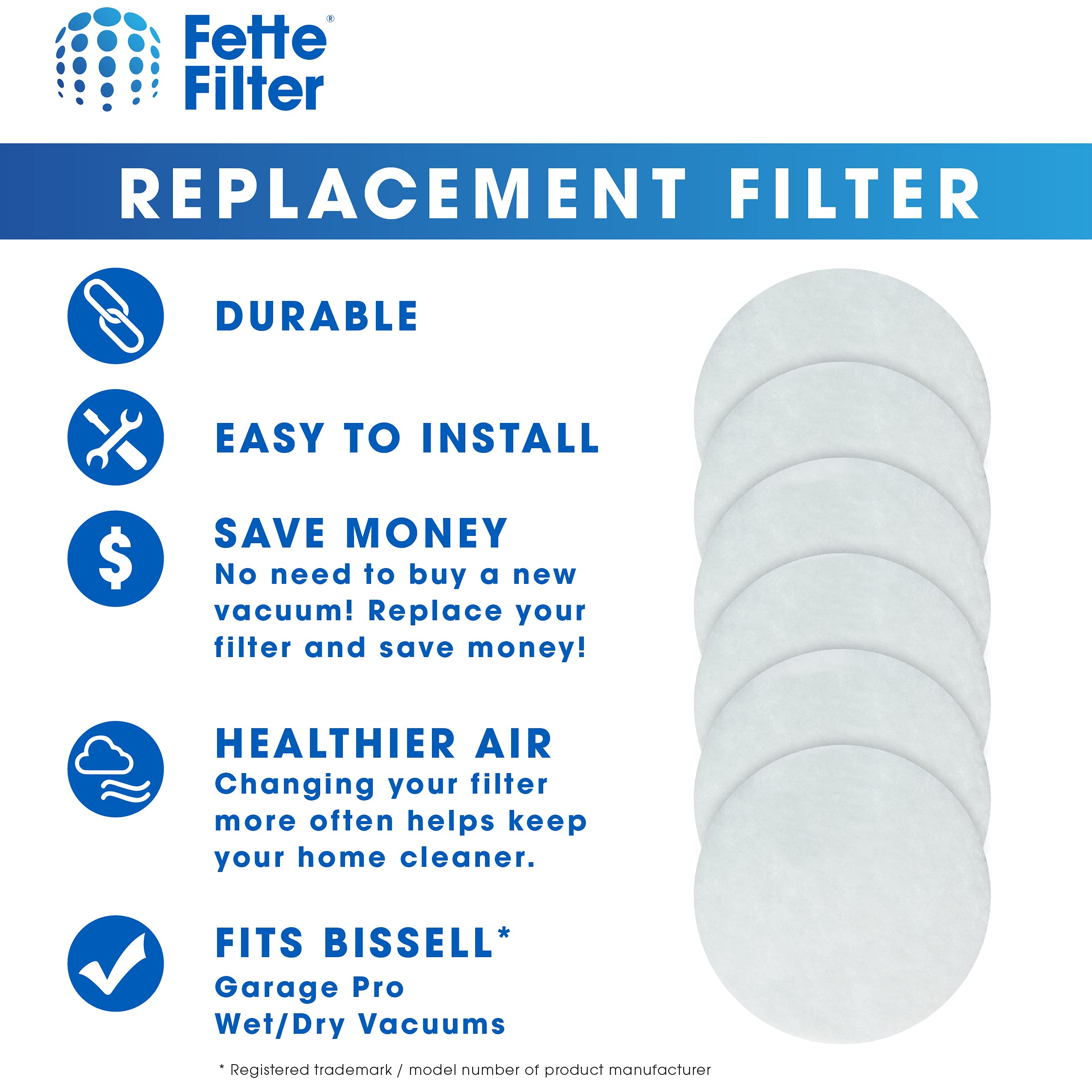 Fette Filter   18P0 Secondary Filter For Garage Pro Wet/Dry Vacs Compatible With Bissell Part # 2030165, 203 0165   Pack Of 6
