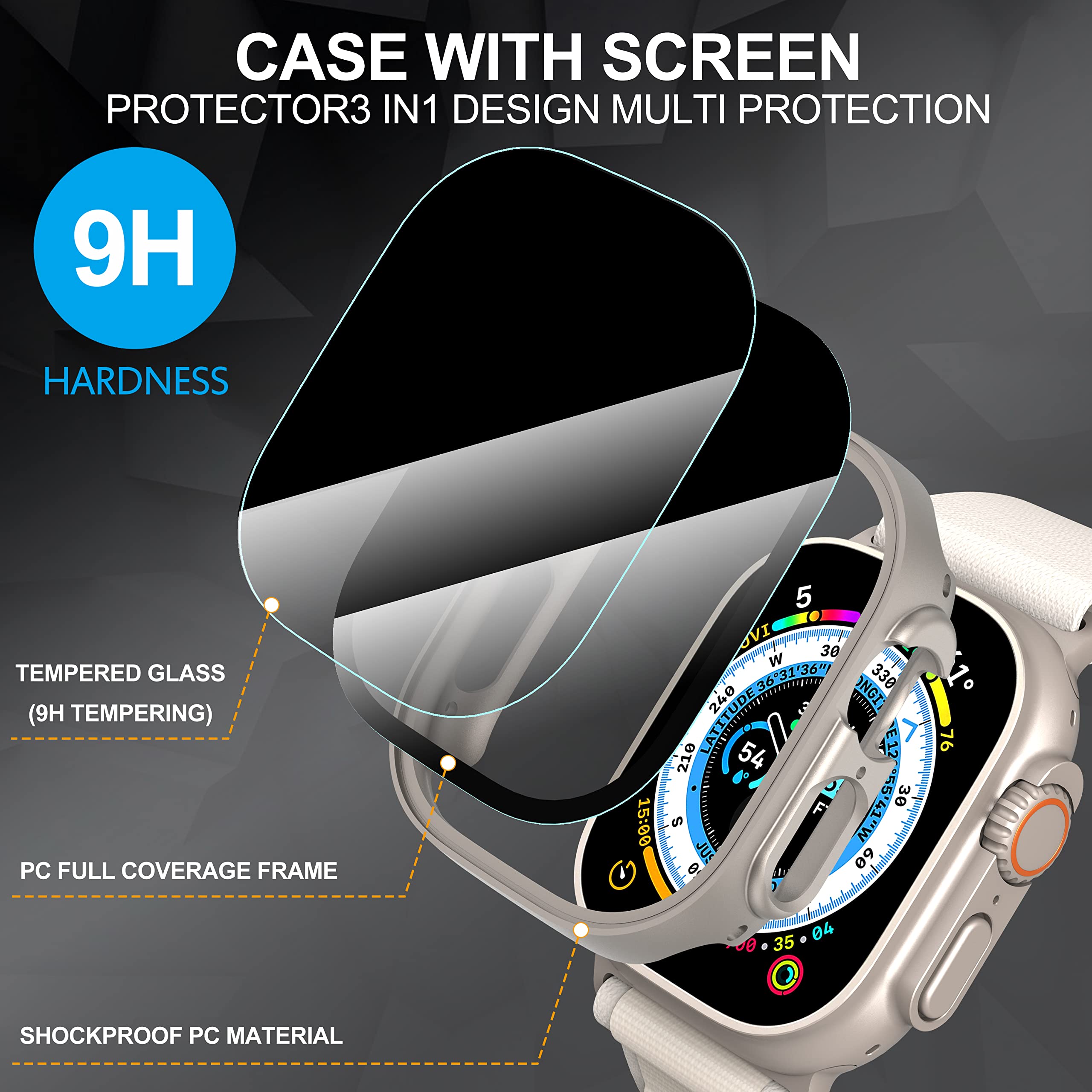 Suoman 3 Pack For Apple Watch Ultra/Ultra 2 49Mm Privacy Screen Protector Case,[Anti Peeping] Ultra Thin Tempered Glass Case Cov