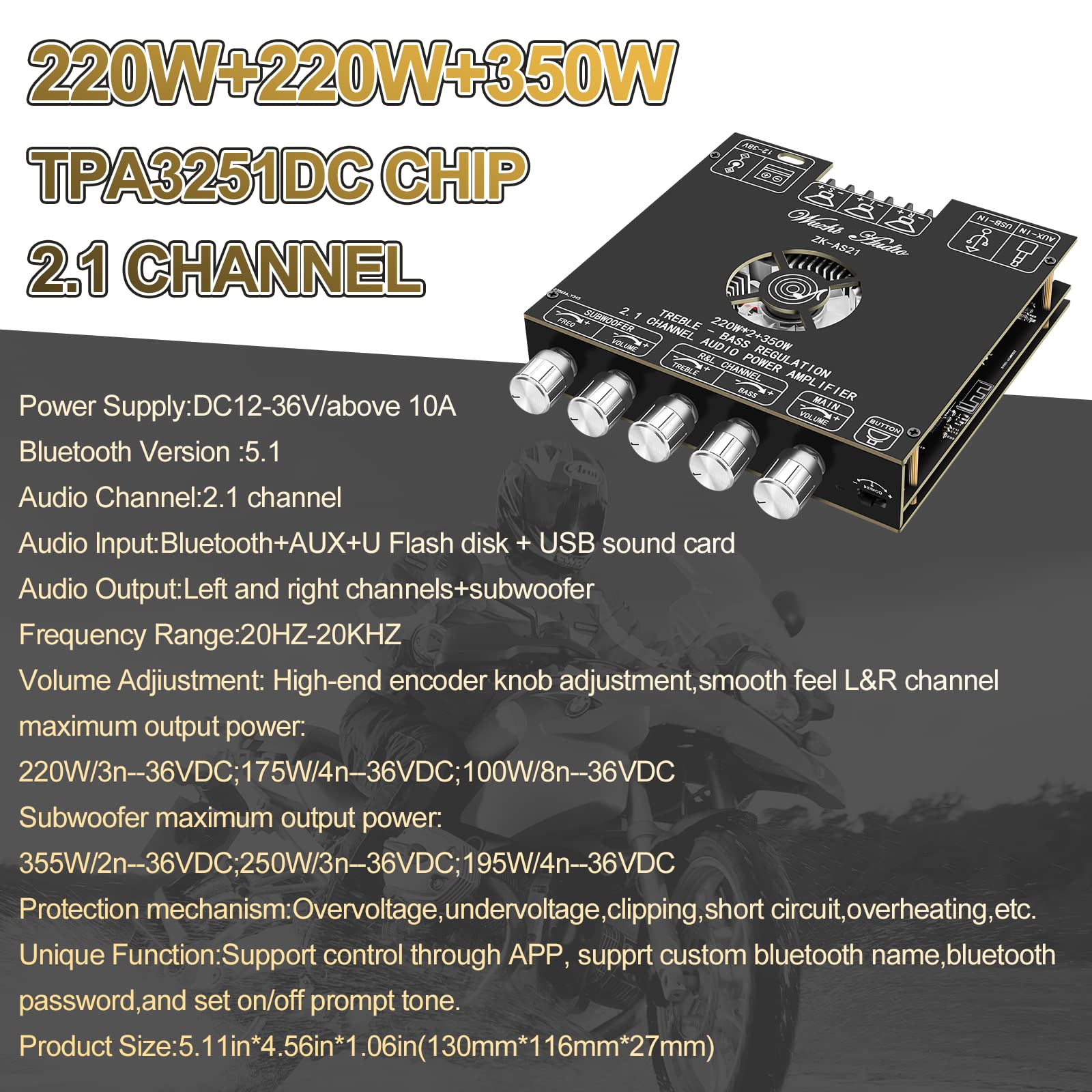 Bluetooth Power Amplifier Board Stereo   Hifi 2.1 Channel 2X220W+350W Bluetooth 5.1 16 32V Digital Power Audio Amplifier Module Subwoofer Control With Aux/Bluetooth/Usb Flash Drive (Zk As21)