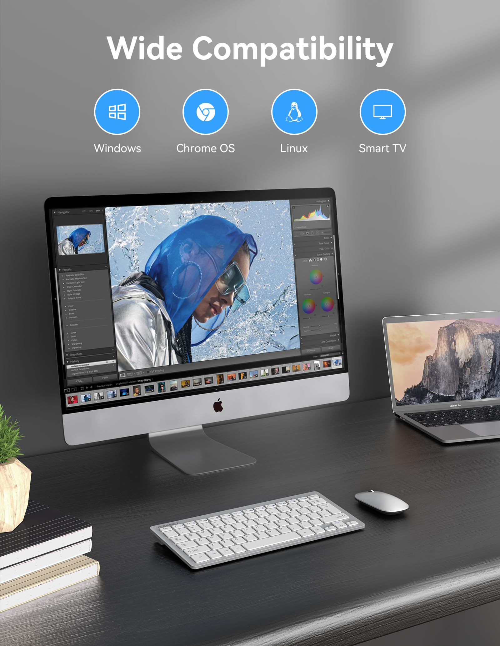 Tecknet 2.4G Wireless Keyboard, Mini Keyboard Compact Computer Keyboard With Media Hotkeys, Silent Small Usb Keyboard For Laptop Pc Desktop Smart Tv Notebook Chromebook Silver