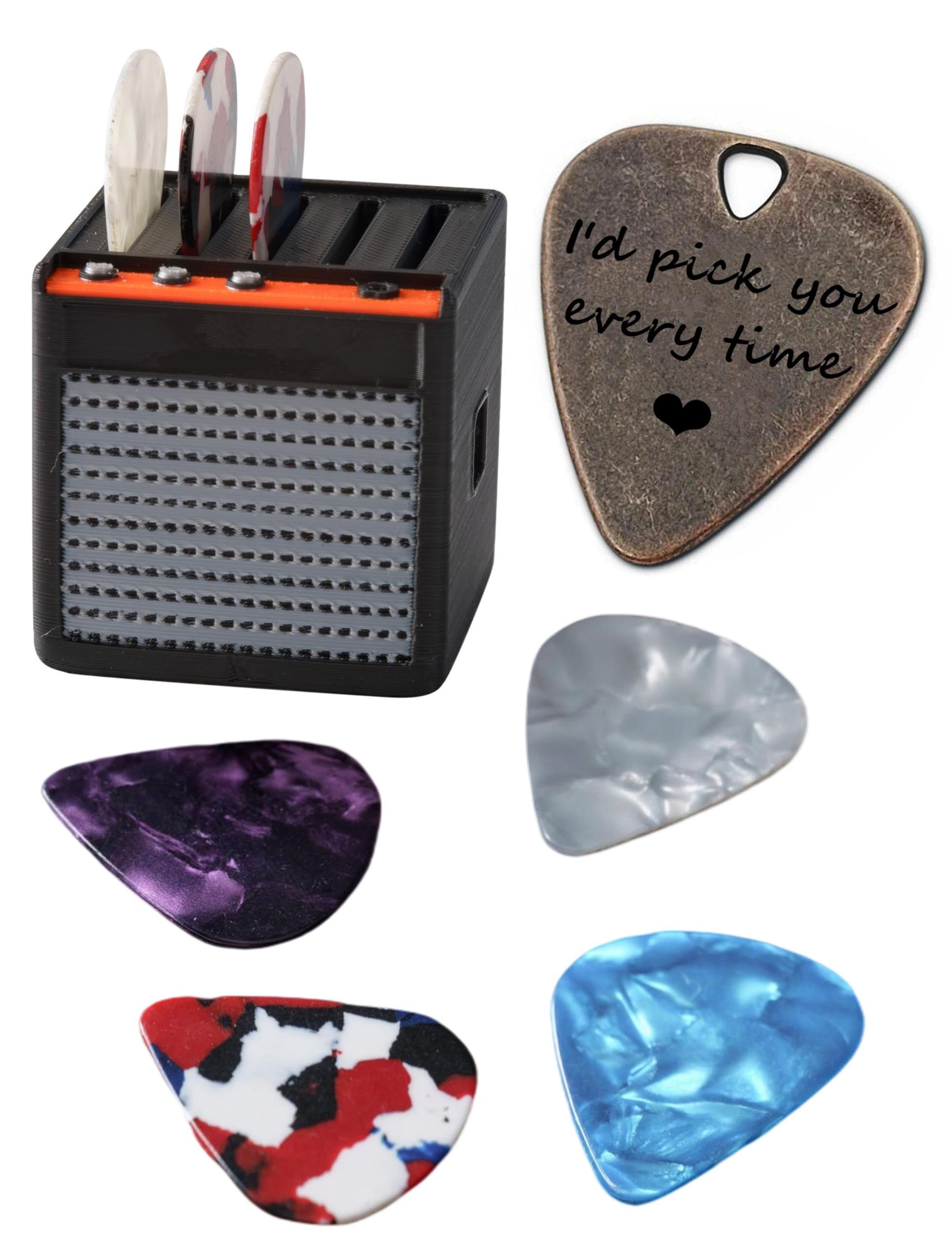Juppe 5Packs Guitar Pick Plectrums With Amp Speaker Holder Organizer Storage Case Metal And Variety Colorful Celluloid Plectrums