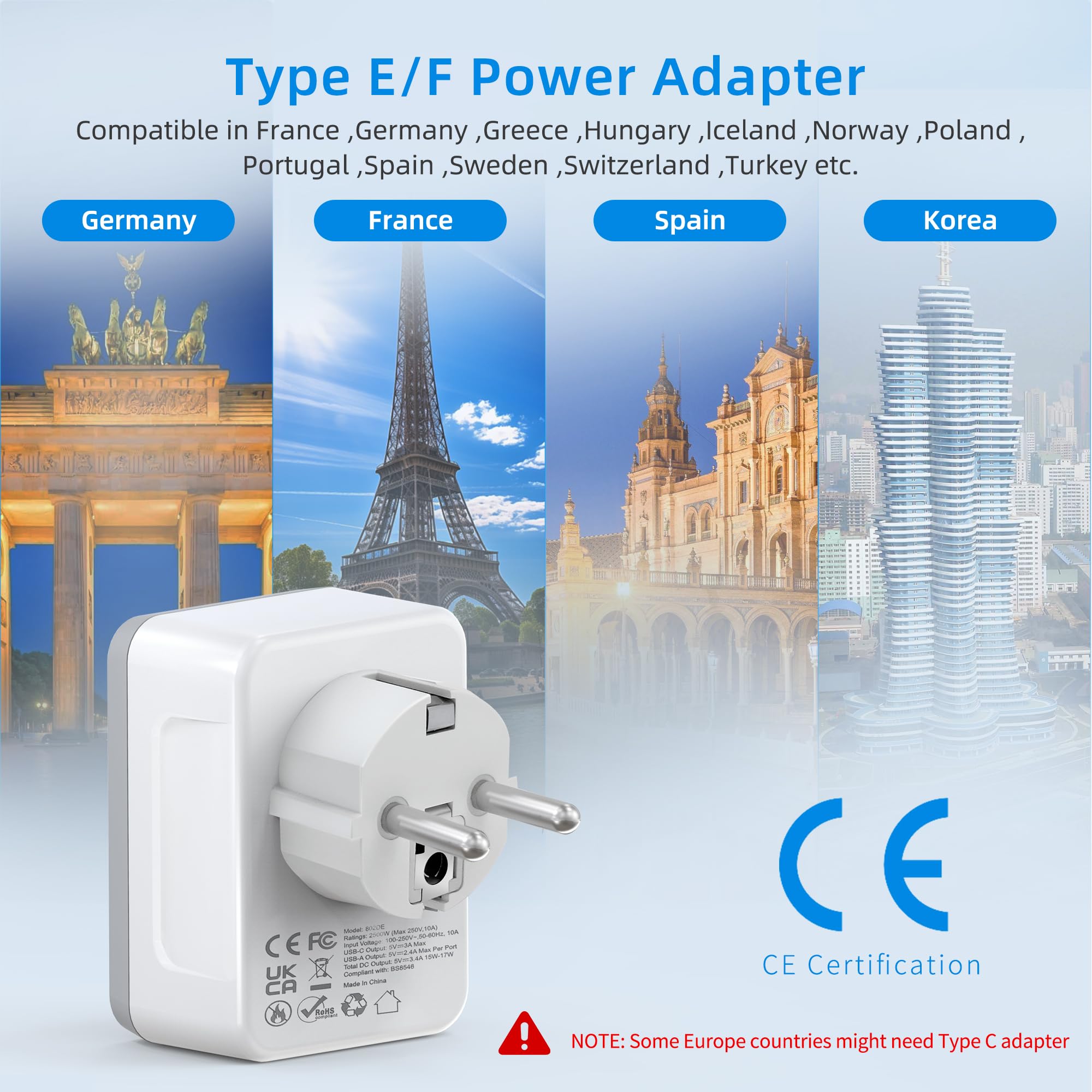 Yinleader Europe Germany France South Korea Type E/F Plug Adapter With 1 Usb C,3 Usb Ports And 1 Outlet   Us To Eu Travel Conver