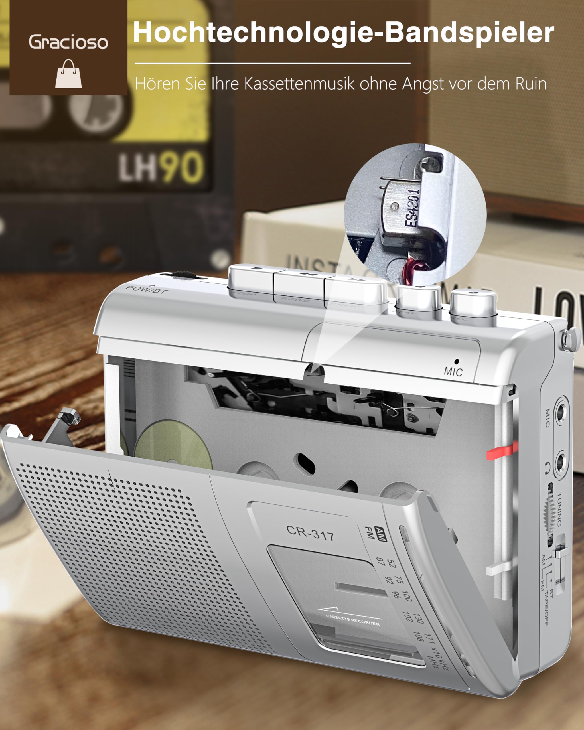 Gracioso Portable Cassette Player Recorder With Bluetooth Transmitter, Am Fm Walkman Cassette Player With Headphone Jack & Big S