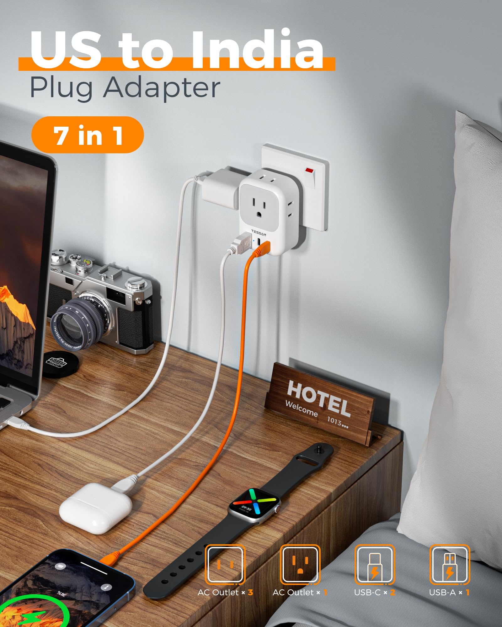 Us To India Plug Adapter, Tessan Type D Travel Adapter With 4 Outlets 3 Usb (2 Usb C), Power Adaptor For Usa To India Nepal Mald