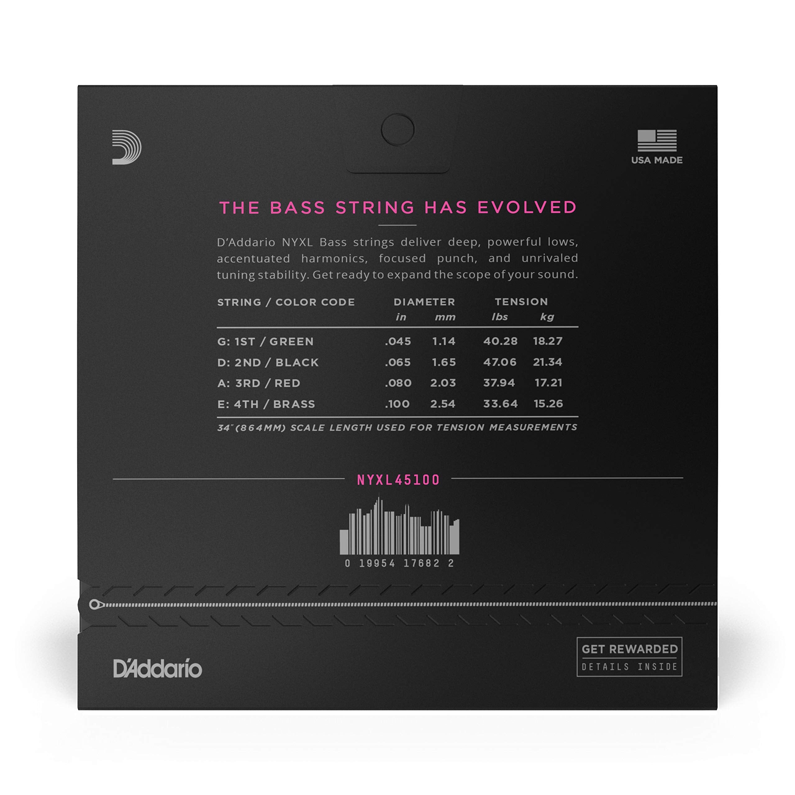 Daddario Bass Guitar Strings   Nyxl Bass Strings   Nyxl45100   Unrivaled Strength, Tuning Stability, Enhanced Response   For 4 S