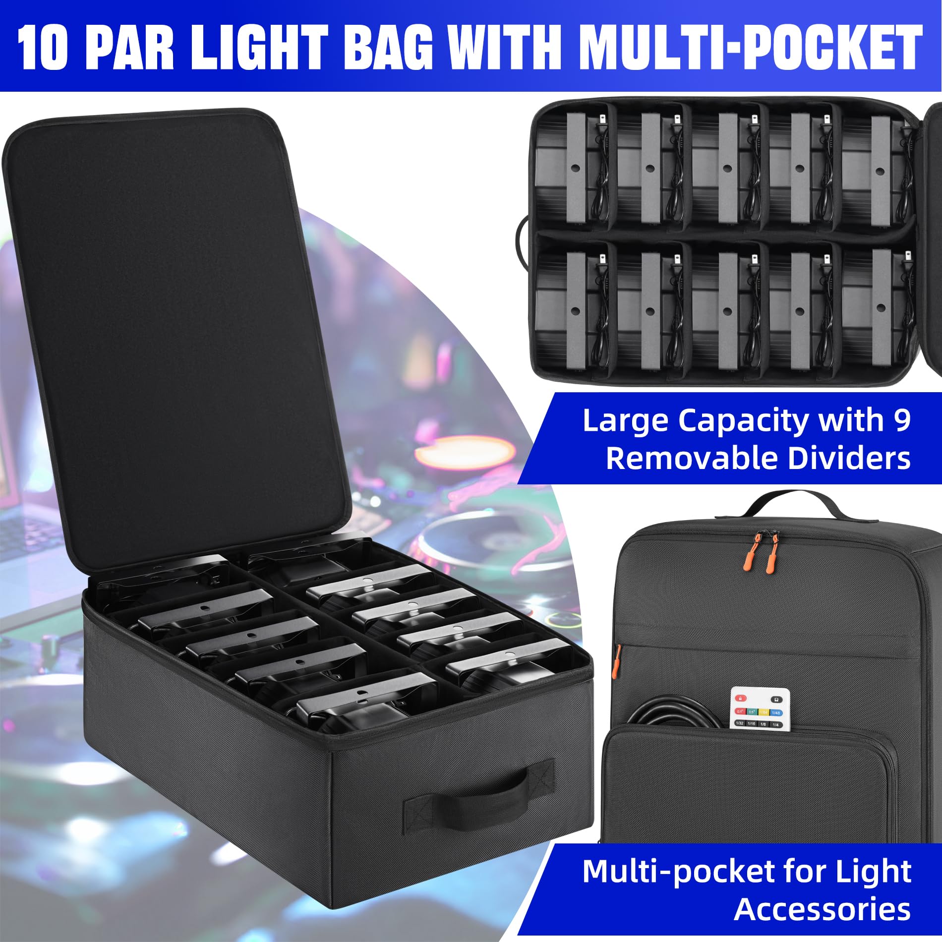Aleemin Par Light Bag Soft Padded For 10 Par Lights, Stage Lighting Case With Removable Dividers & Backpack Strap & Handle, Ligh