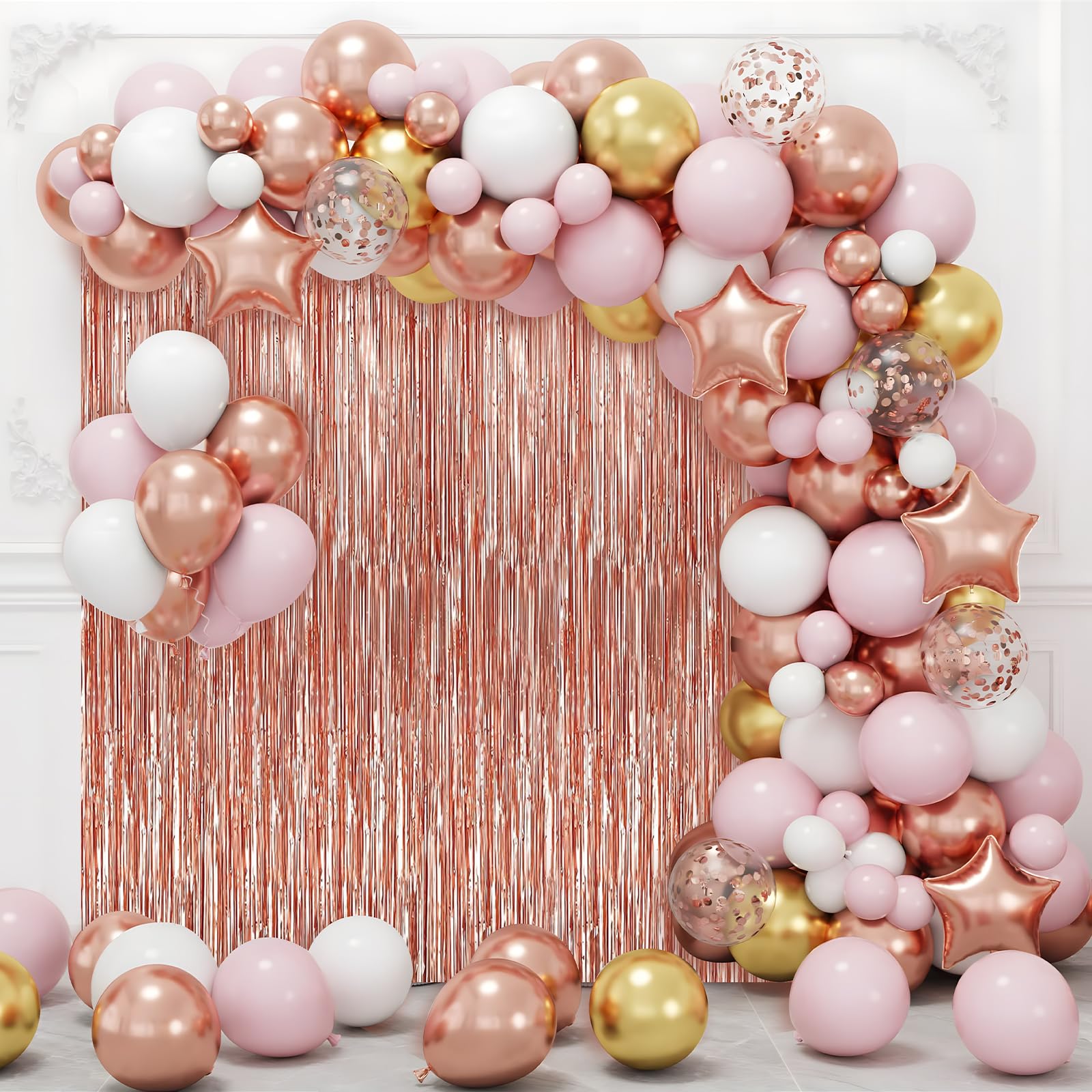 2 Pack Rose Gold Foil Fringe Curtains Streamers Party Decorations 3.3 X 8.2 Ft, Tinsel Curtain Fringe Backdrop For Parties, Door