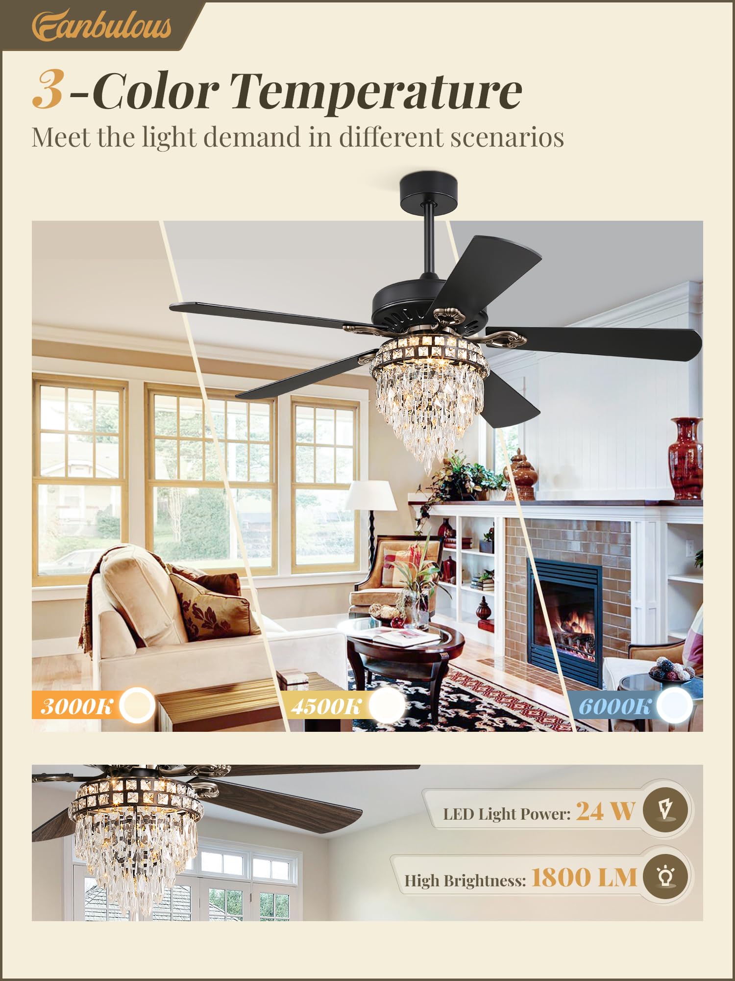 Fanbulous 52 Inch Farmhouse Fandelier Ceiling Fan With Light, Crystal Ceiling Fan Chandelier With 6 Speeds, Quiet Reversible Noi
