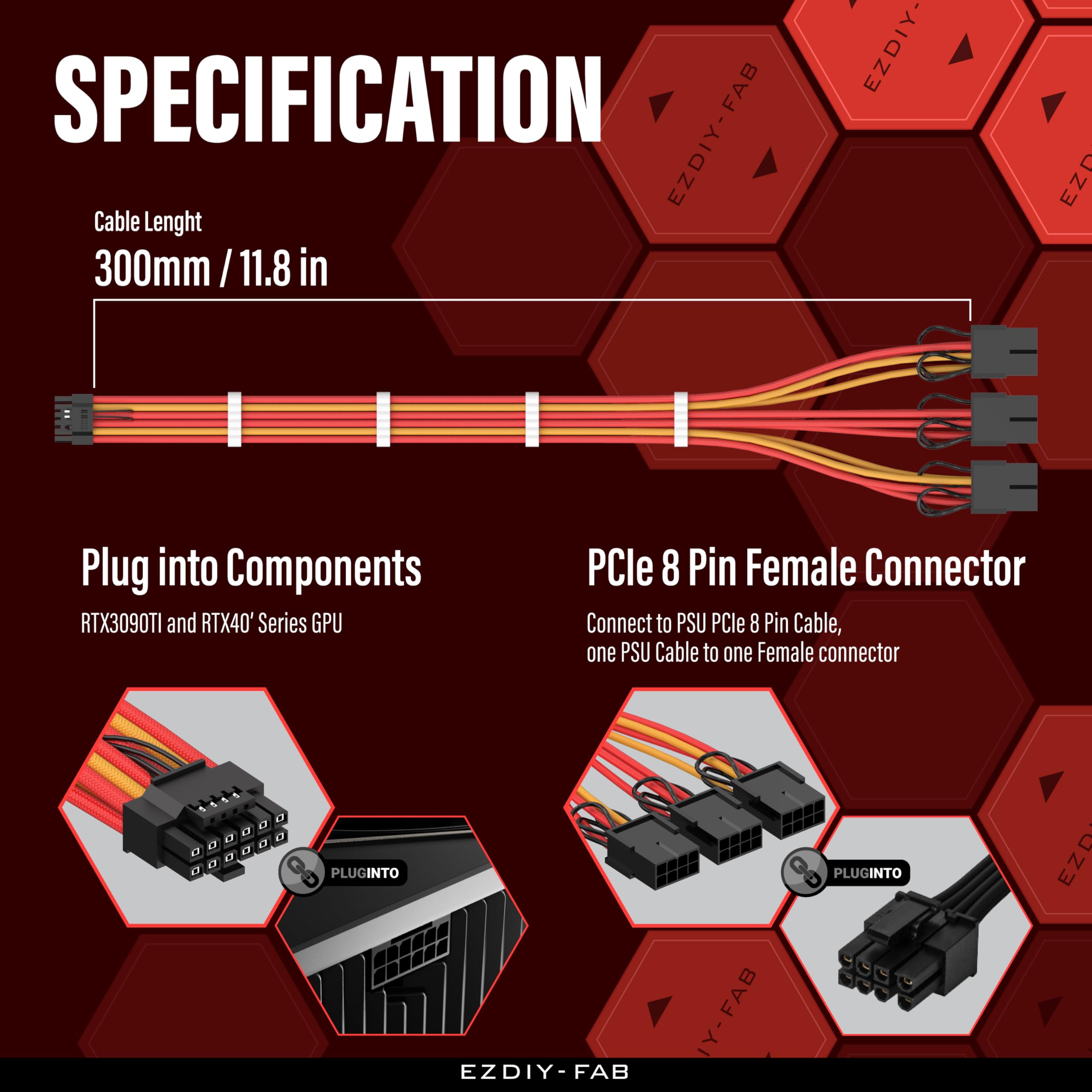 Ezdiy Fab Gpu Power Sleeved Cable Extension, 16Pin(12+4) Pcie 5.0 Connector Male To 3X Pcie 8 Pin For Rtx4070Ti Super, 4080 Supe