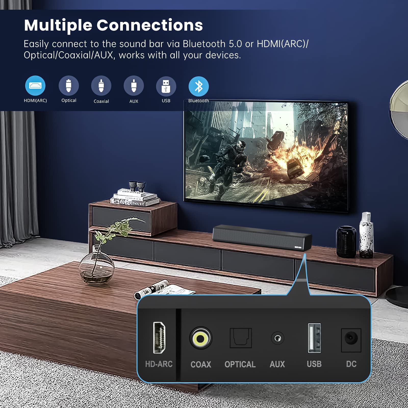 Sound Bar, Bestisan 50 Watts Soundbar With Hdmi, Optical, Coaxial, Aux, Usb And Bluetooth Connection, Dsp, Bass Adjustable, 16 I